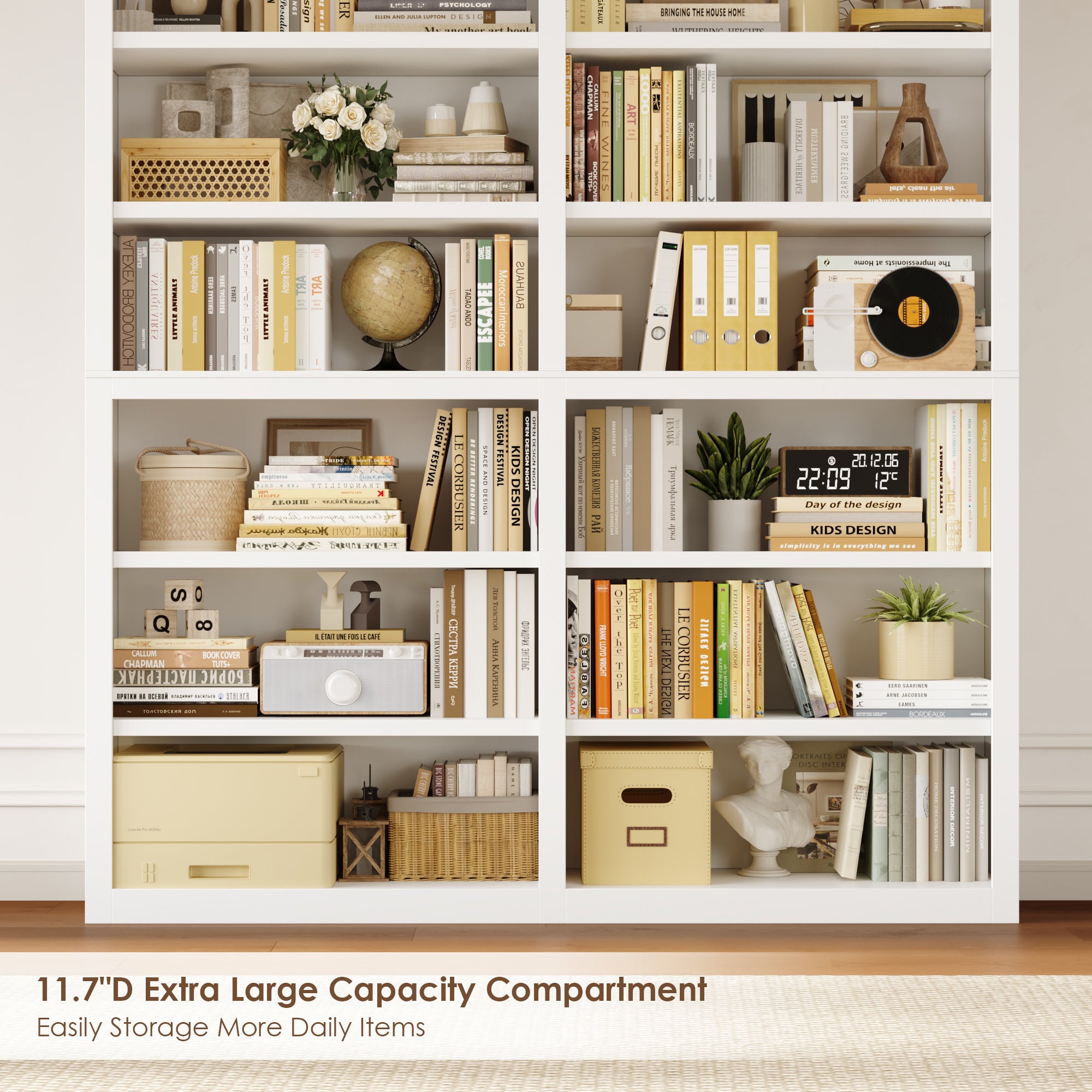 Hiphuta 63"W Extra Large and Sturdy Bookcase, Double Wide 6-Tier Bookshelf, Tall Bookcase for Home Office and Living Room, Wooden Freestanding Display Shelf, White