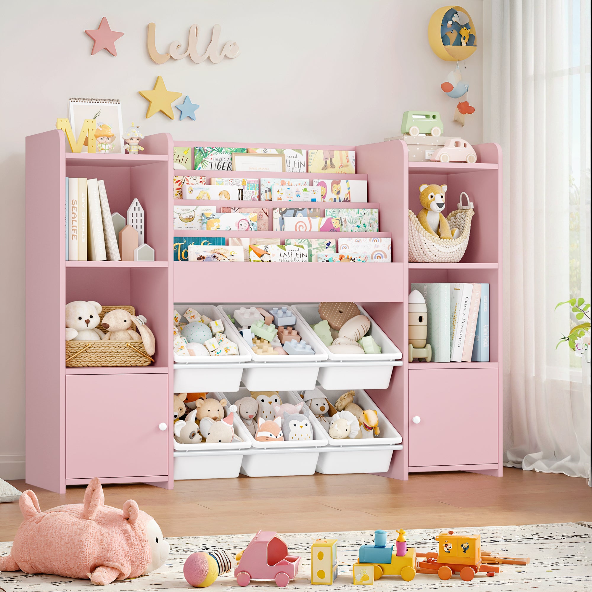 Hiphuta Kids Bookshelf with Toy Storage Organizer, Wood Bookcase Toy Organizer with 6 Removable Bins, Book Shelf for Kids Bedroom Playroom, Pink