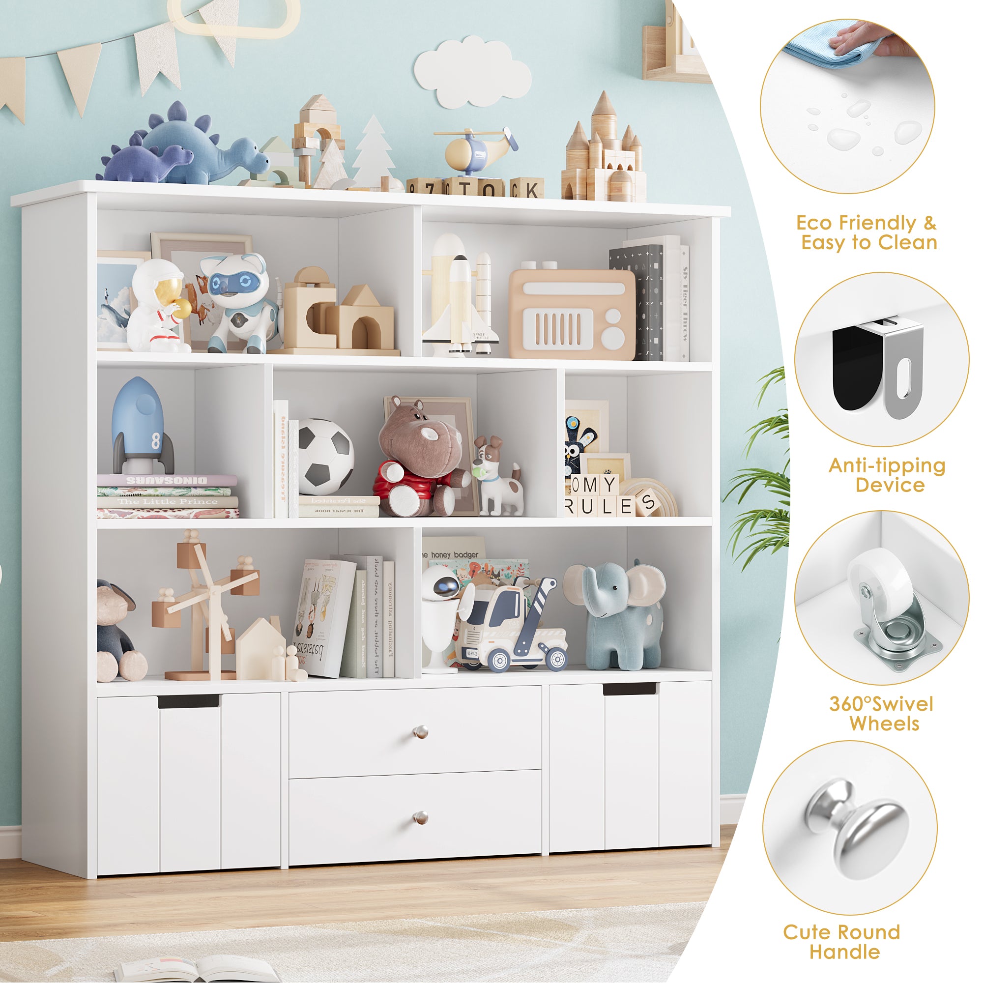 Hiphuta Kid’s Toy Storage Organizer, Wood Toy Cabinet of 7 Cubes & 4 Drawers, White Bookshelf for Kids Bedroom