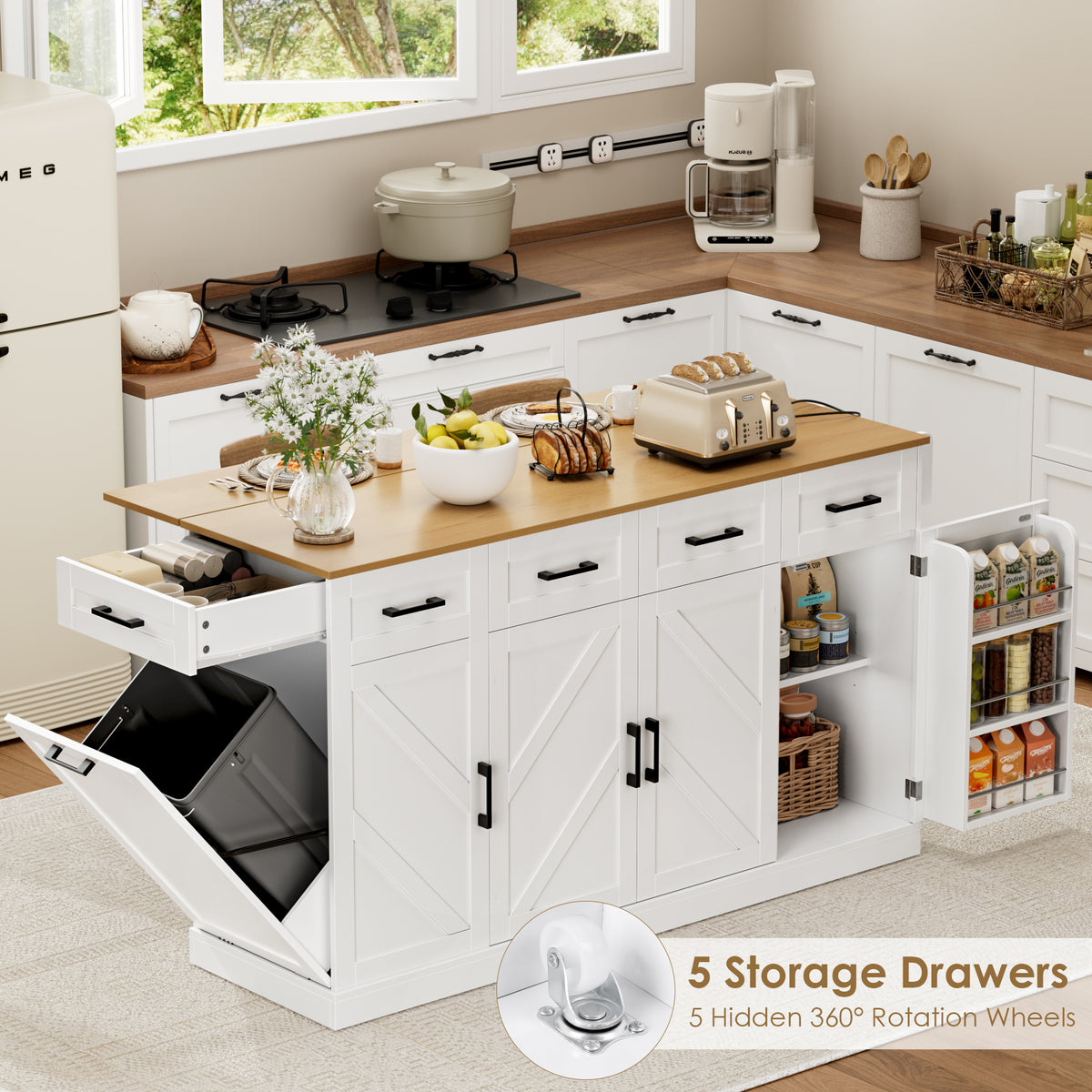 Hiphuta 55"W Kitchen Island Cart with Storage, Rolling Island Table with Trash Can, Adjustable Shelves and 4 Drawers, Movable Buffet Cabinet for Dining room, White
