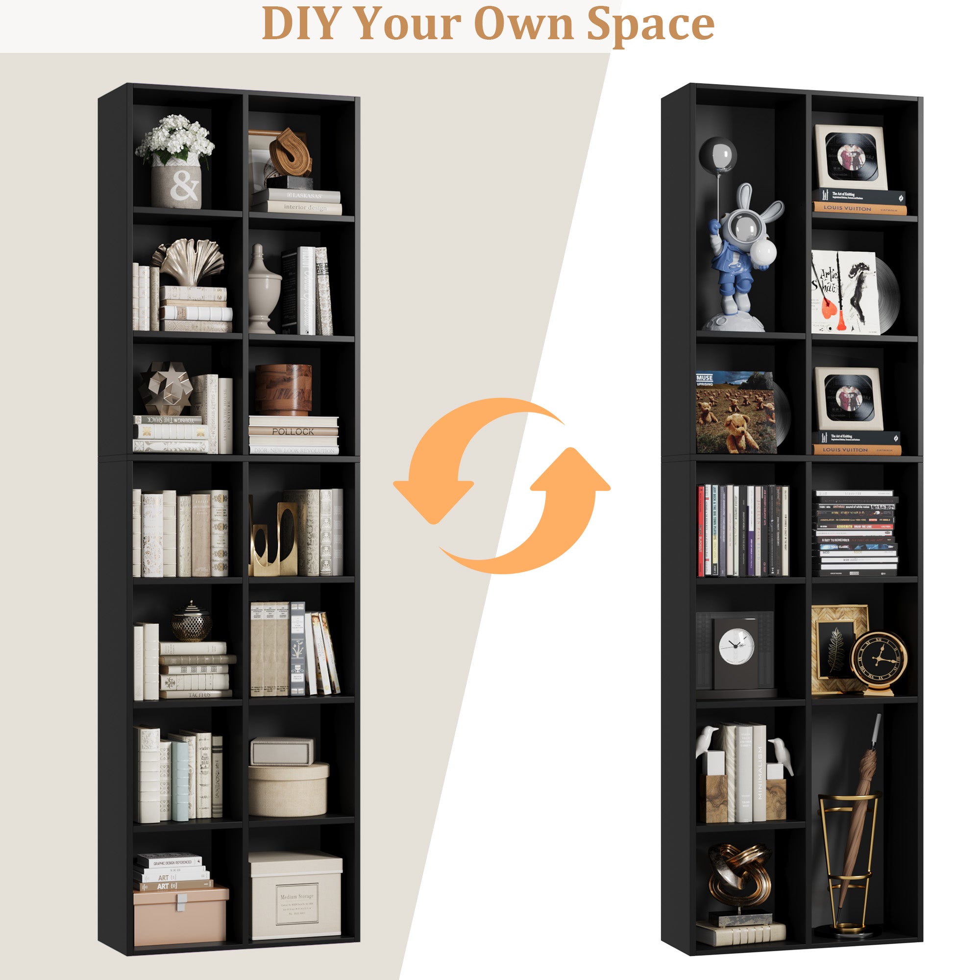 Hiphuta Tall Narrow Bookshelf 14 Tiers, Compact Corner Bookcase, Easy to Match for Living Room, Office, Study, Bedroom, Black