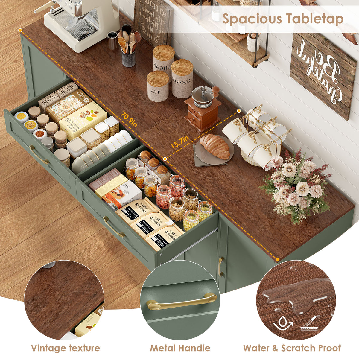 Hiphuta 70.8"W Large Buffet Cabinet with 6 Doors, Modern Farmhouse Sideboard with 2 Drawers, Coffee Bar for Kitchen Dining Room Living Room, Green