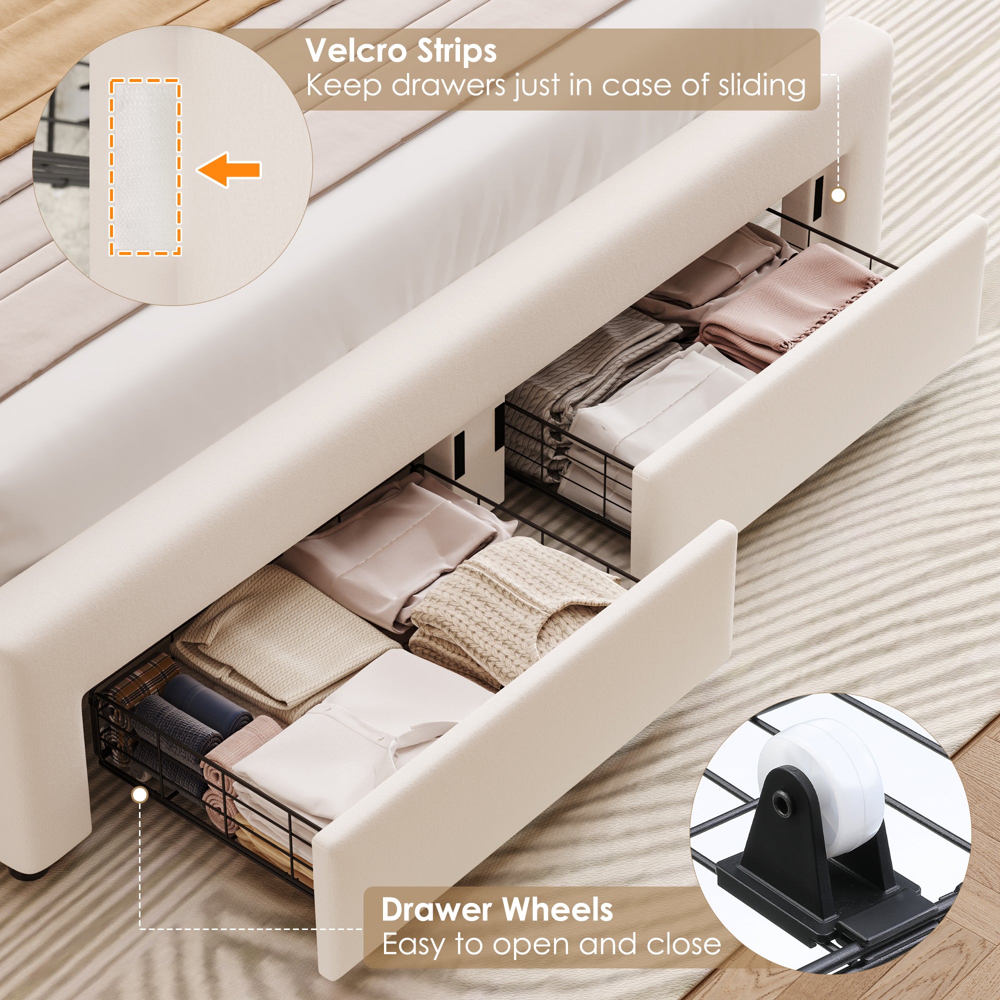 Hiphuta Queen Size Bed with Power Outlet & LED, Upholstered Velvet Beds with Drawer, Queen Beds with Headboard Storage, Beige