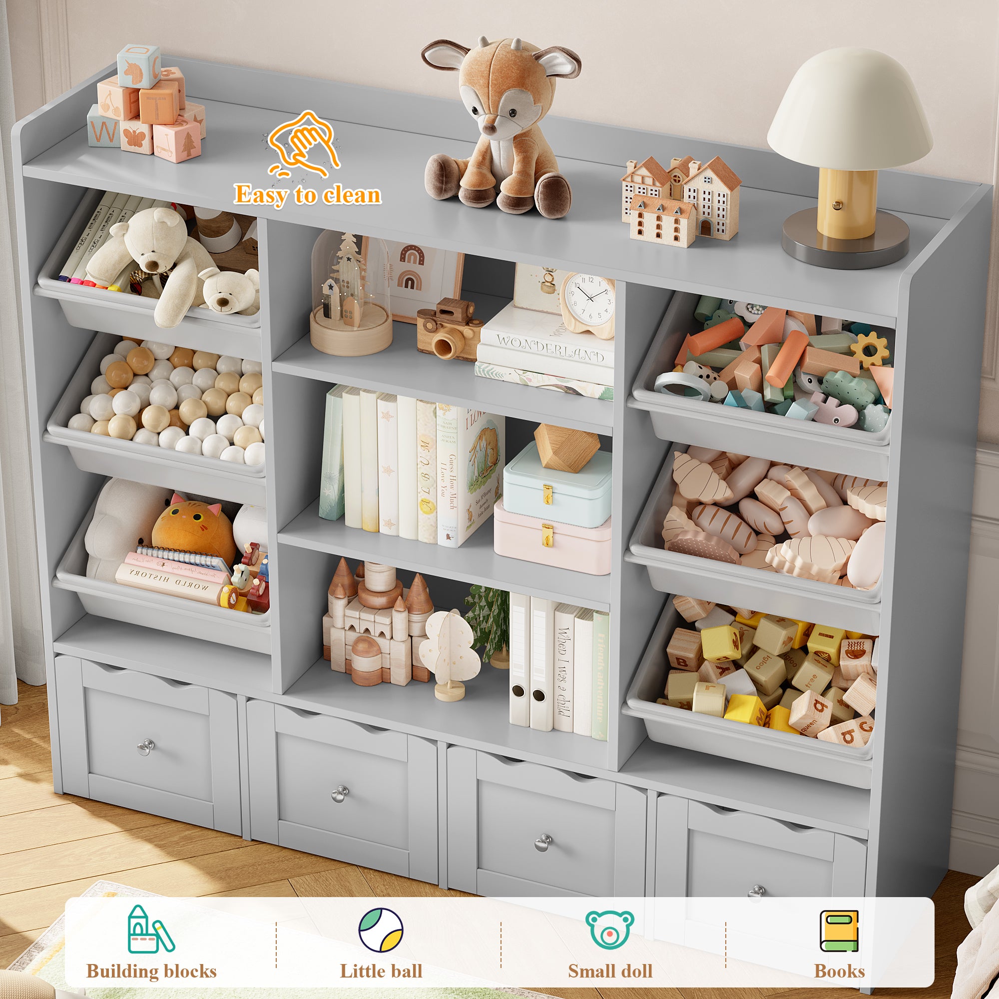 Hiphuta 55" Wide Toy Storage Organizer with 4 Removable Drawers, 4-Tier Kid Bookcase with 6 Bins, Toy Organizer with Bookcase for Kid Bedroom Playroom, Gray