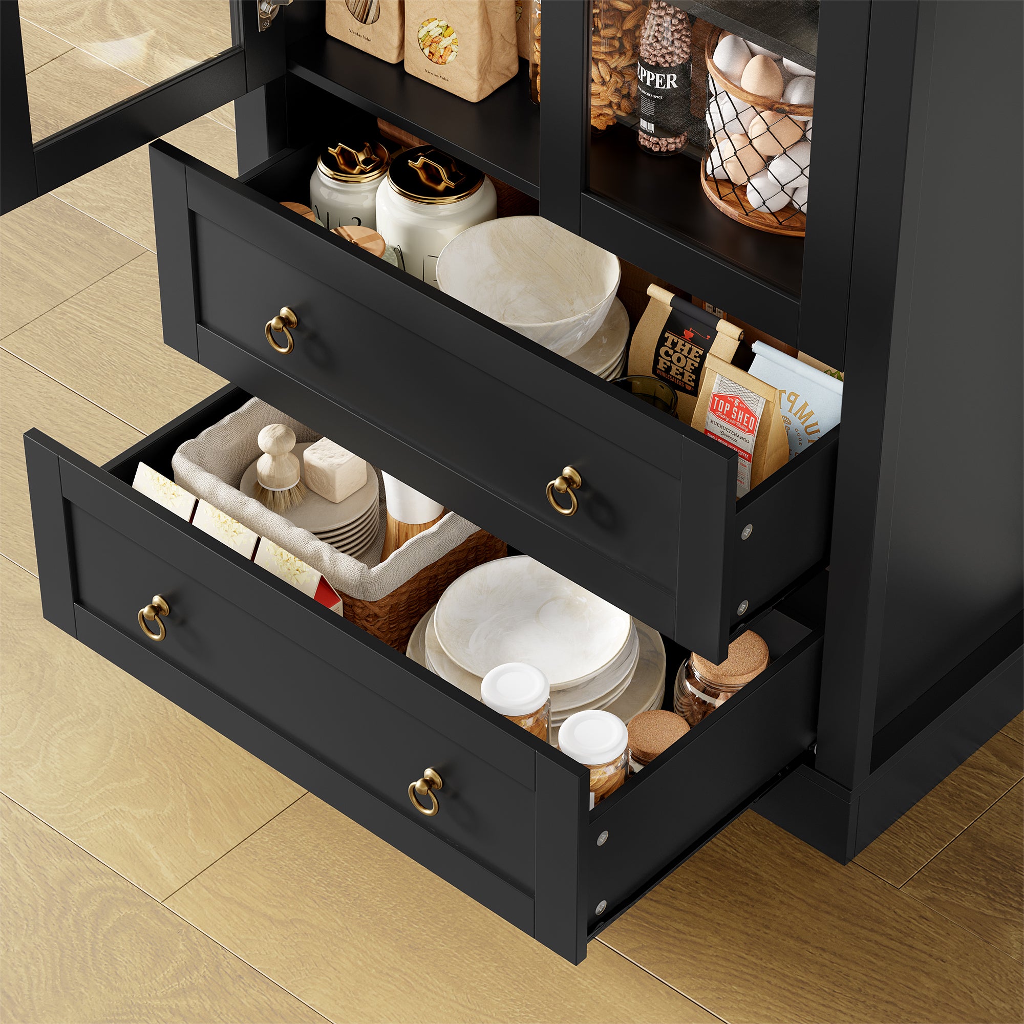 Hiphuta 70" Tall Arched Kitchen Pantry Storage Cabinet with 2 Large Drawers, Freestanding Modern Farmhouse Versatile Hutch Cupboard for Dining Room, Black