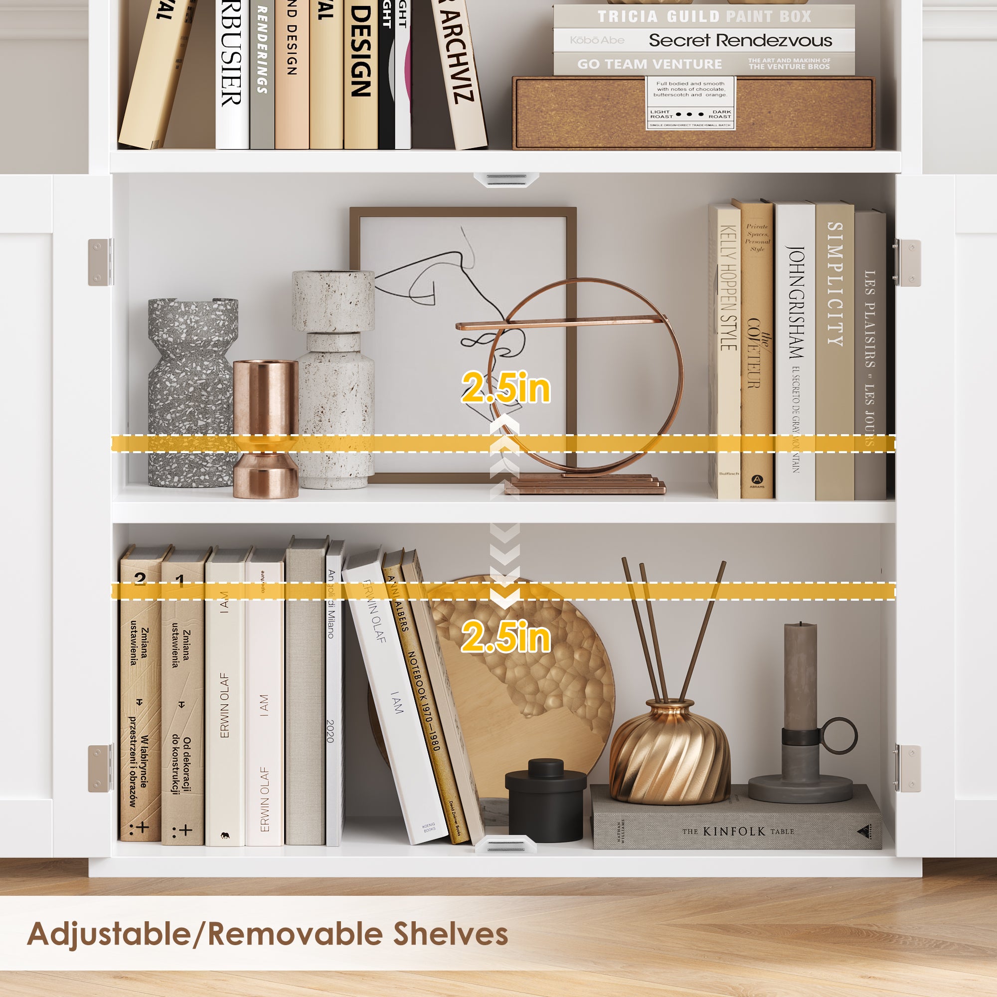 Hiphuta Dispaly Bookcase with 4 Shelves for Living Room, Wood Bookshelf with Storage, White Gold