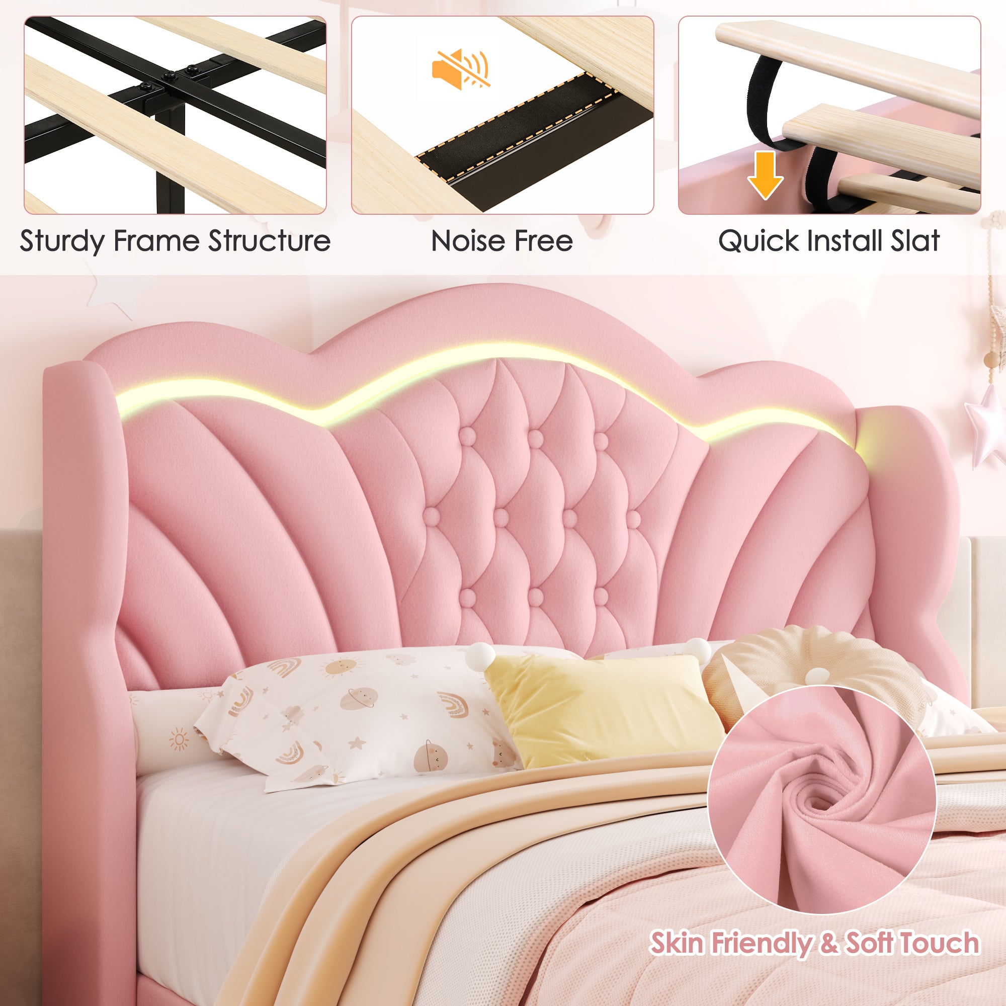 Hiphuta Queen LED Bed with 2 Drawers, LED Lights Platform Bed Frame with Upholstered Button Tufted Headboard, No Box Spring Needed, Velvet Pink