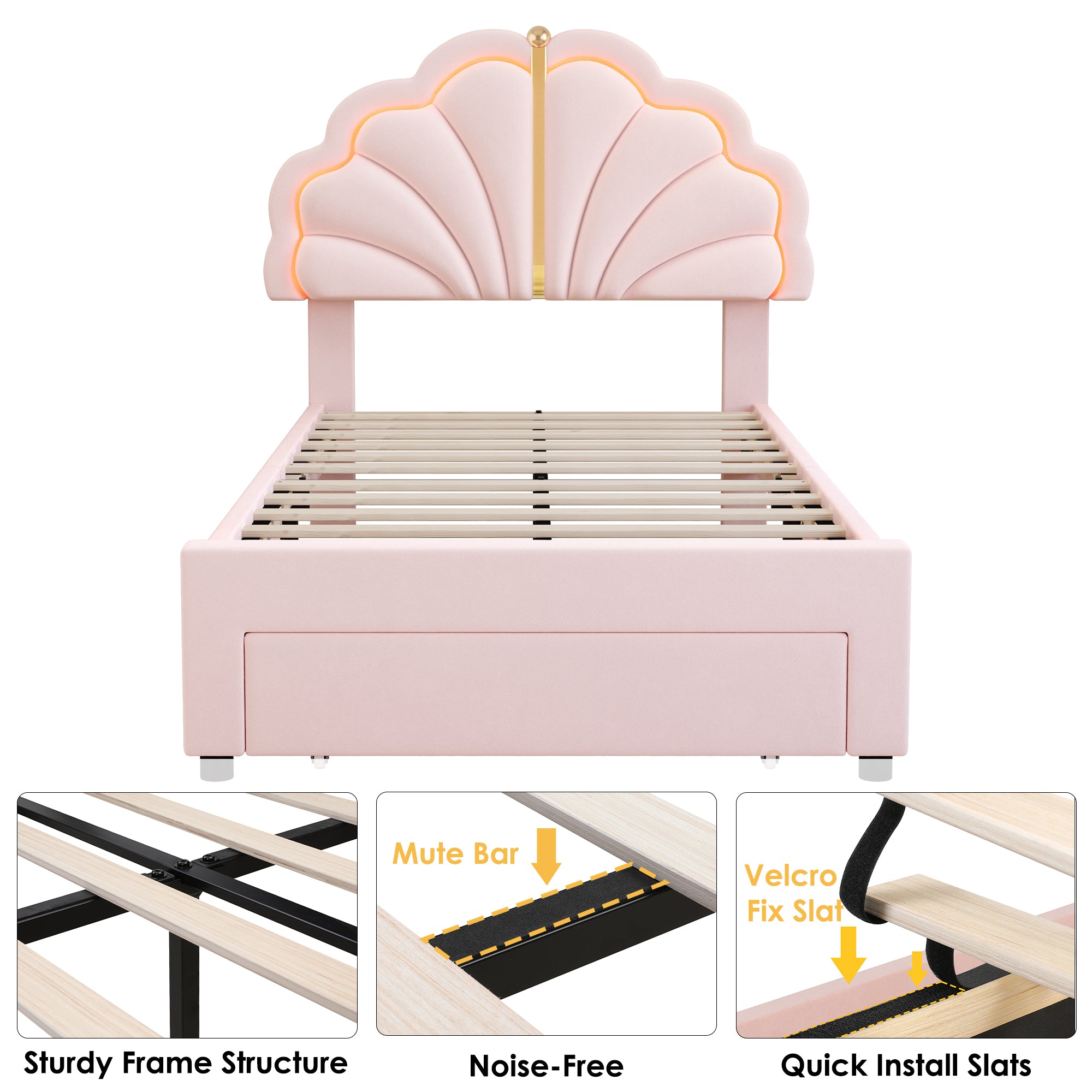 Hiphuta Kids LED Twin Bed with 2 Drawers, LED Lights Platform Bed Frame with Upholstered Tufted Headboard, No Box Spring Needed, Velvet Pink