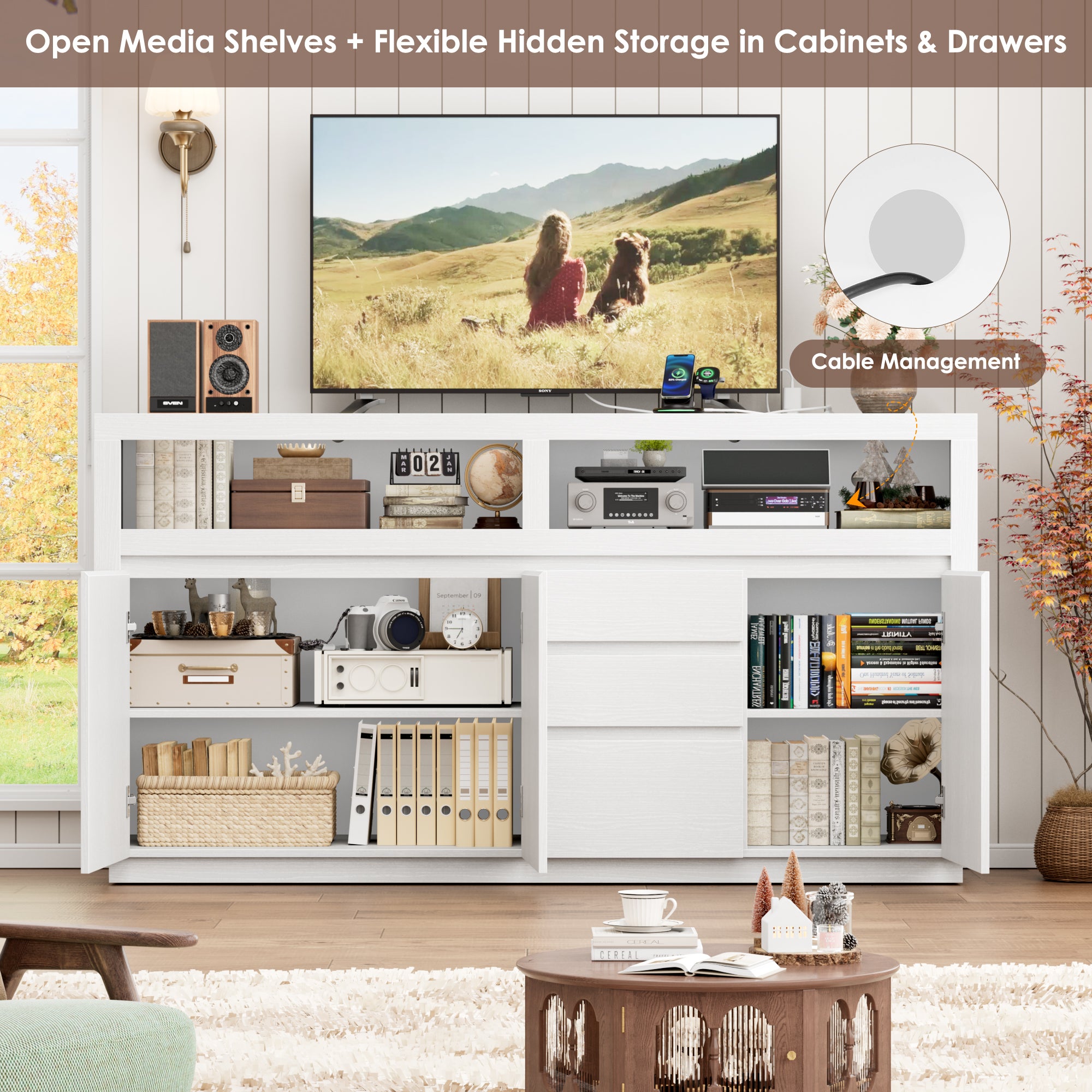 Hiphuta 63" Wide Farmhouse TV Stand Fits Up to 70 Inch TVs, Entertainment Center with RGB LED Lights, Wood Grain Media Console with Charging Station, White