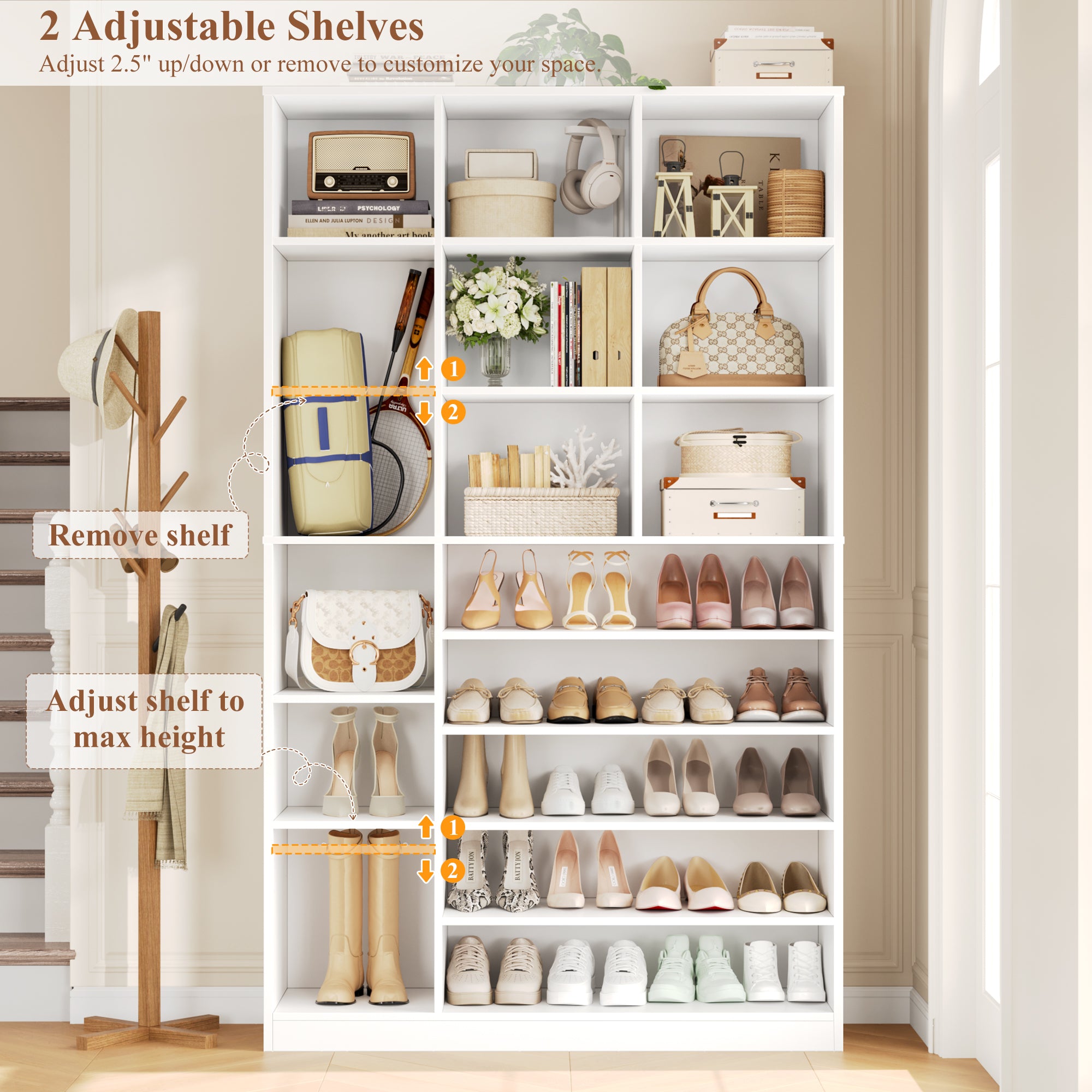 Hiphuta 74" Tall Shoe Storage Cabinet, 6 tier Shoe Rack Organizer with Adjustable Shelves, Cubby Storage Cabinet for Entryway Bedroom Living Room, White