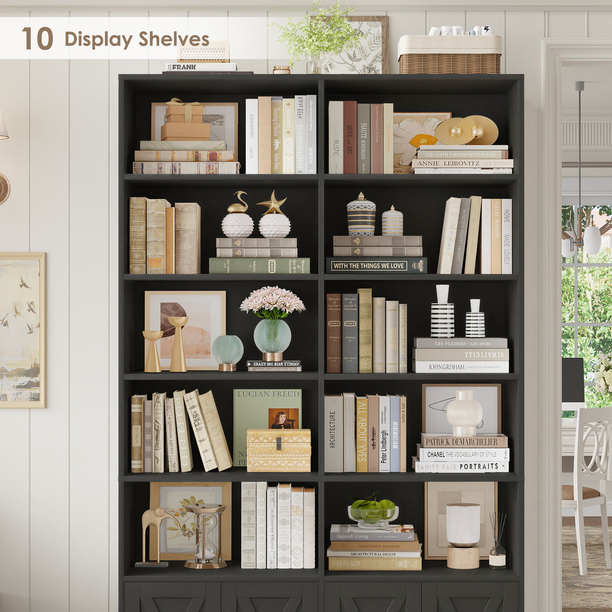 Hiphuta 78"H x 47"W Bookcase with Doors, Tall Bookshelves with Storage, 5-Tier Shelves Freestanding Display Bookcase for Home Office and Living Room, Black