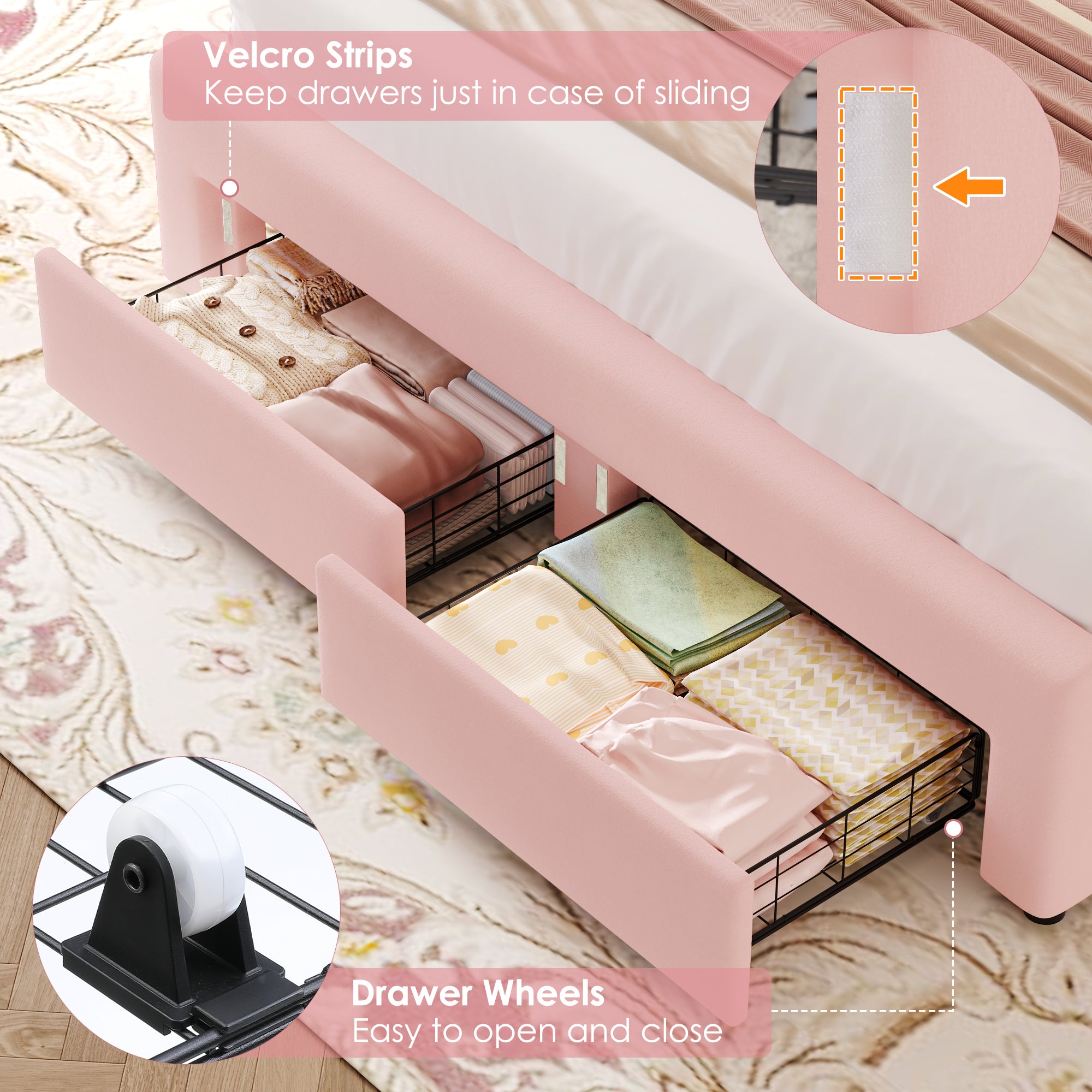 Hiphuta Queen Size Bed with Power Outlet & LED, Upholstered Velvet Beds with Drawer, Queen Beds with Headboard Storage, Pink