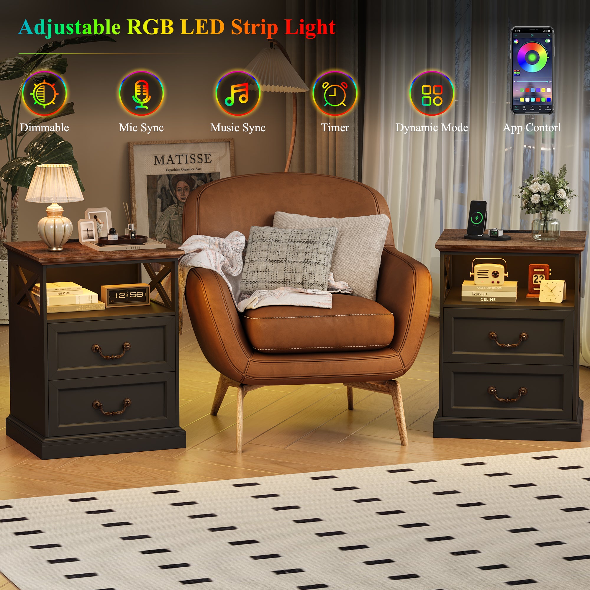Hiphuta Farmhouse Set of 2 Nightstands with Charge Station, Wood End Table with 3 Drawers for Adult Bedroom, LEDS Bedside Table for Living Room, Black
