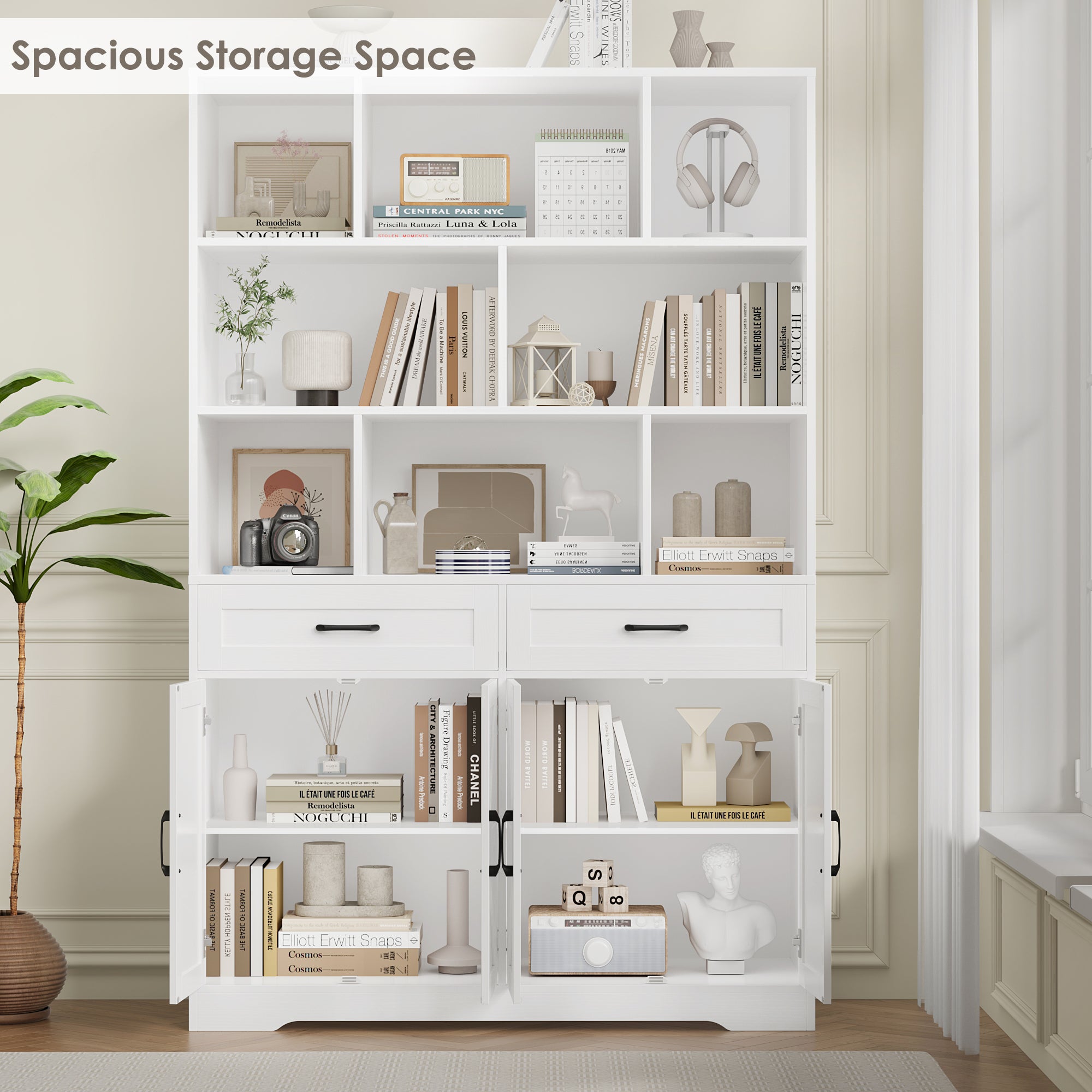 Hiphuta 6-tier Bookcase with Drawers & Doors, 71" Tall Bookcases, Wooden Storage Bookshelf for Living Room Home Office, White