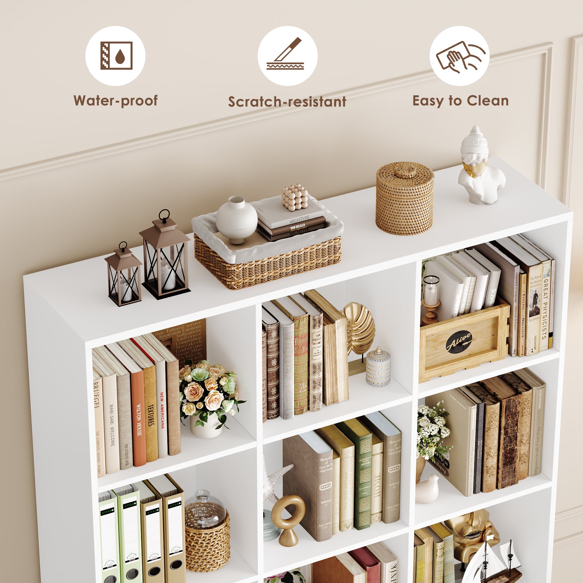 Hiphuta Triple Row 4-Tier Bookcase with 12 Cubes, 69" Tall Large Bookcase with 3 Drawers, for Office Living Room, White