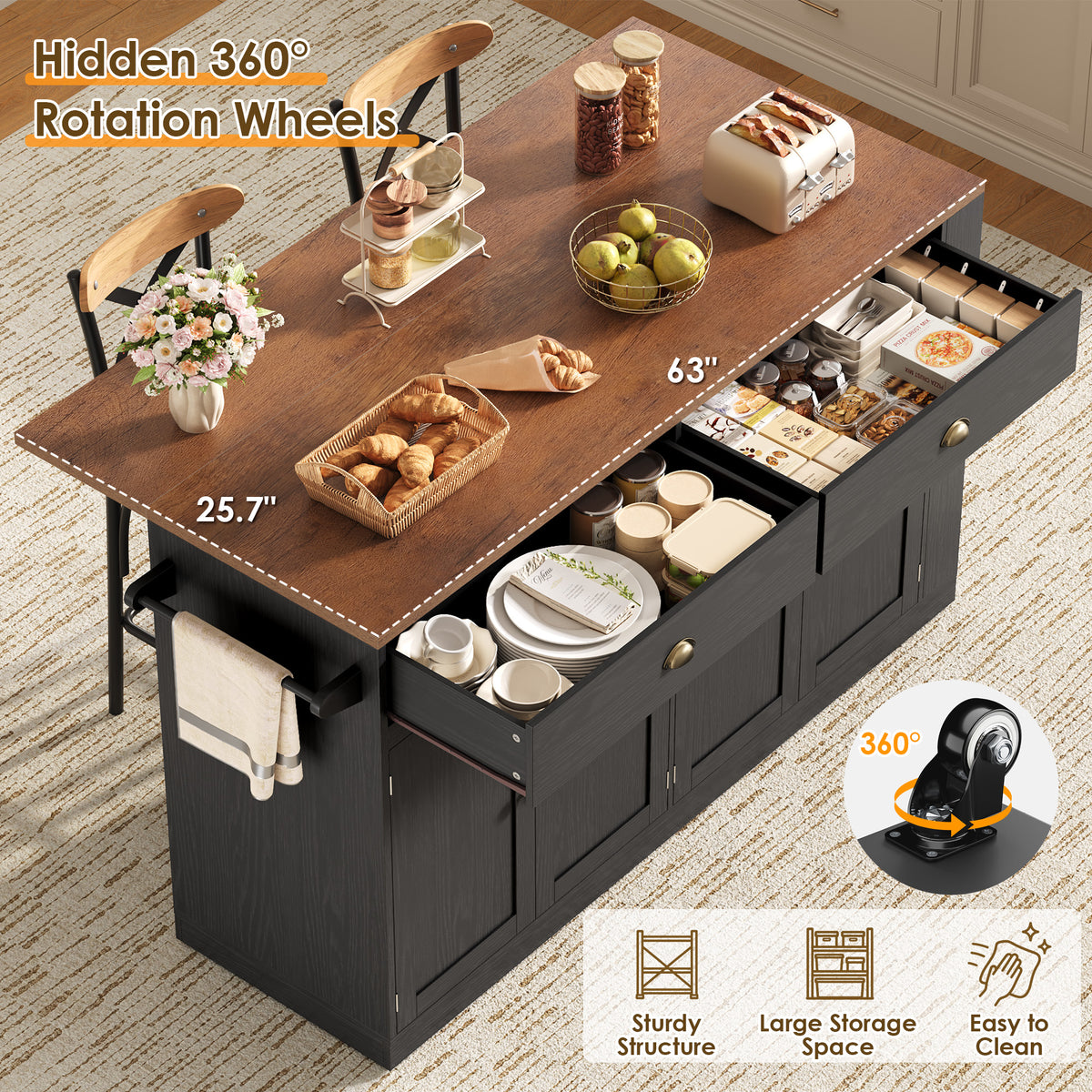Hiphuta 63" Large Kitchen Island Cart with Storage, Rolling Island Table with Adjustable Shelves and 4 Drawers, Movable Buffet Cabinet for Dining room, Black