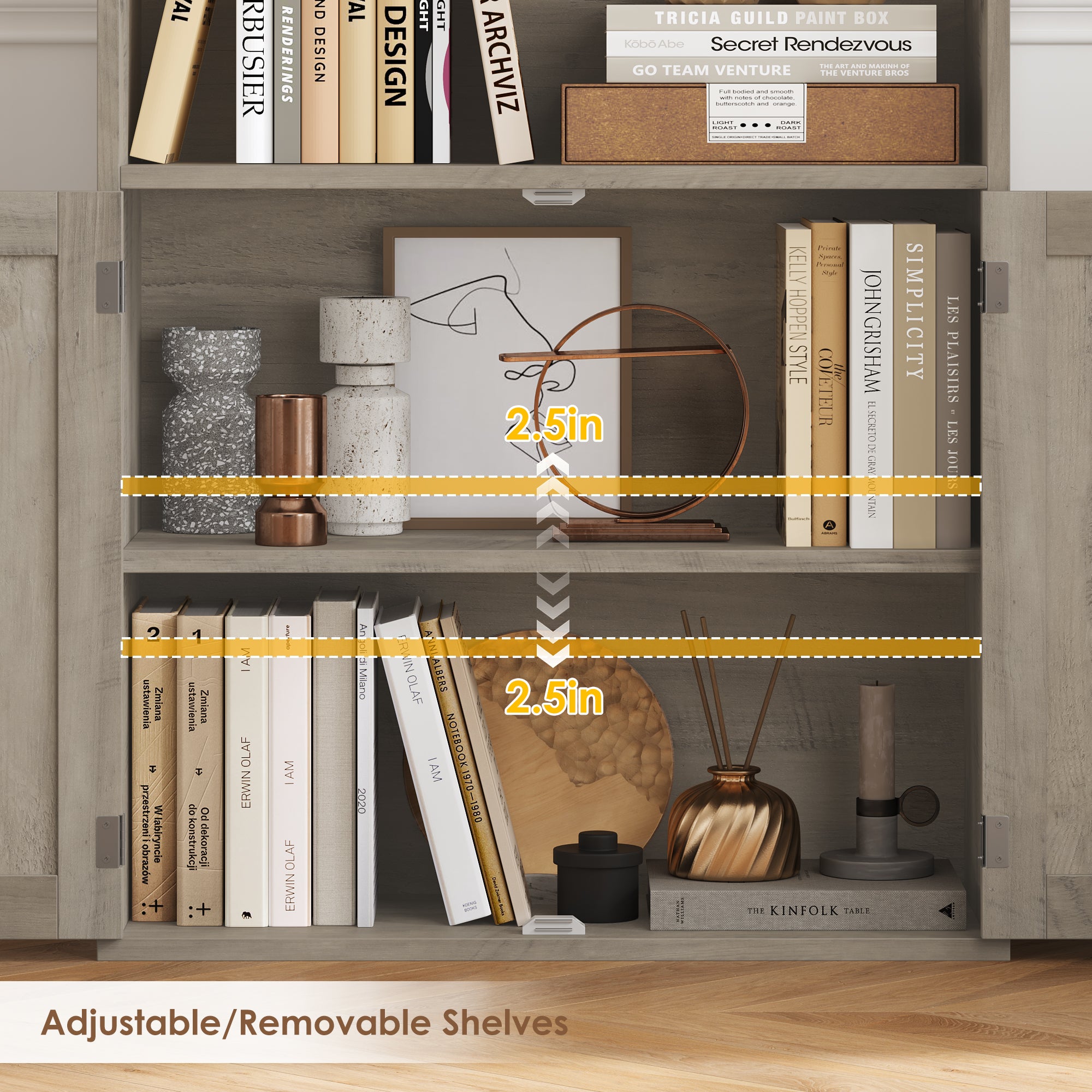 Hiphuta 81.5" Tall Bookcase with Doors, 5-Tier Bookshelves with Storage, 23.6"W Display Shelf with 2 Doors for Home Office, Living Room, Ash Gray