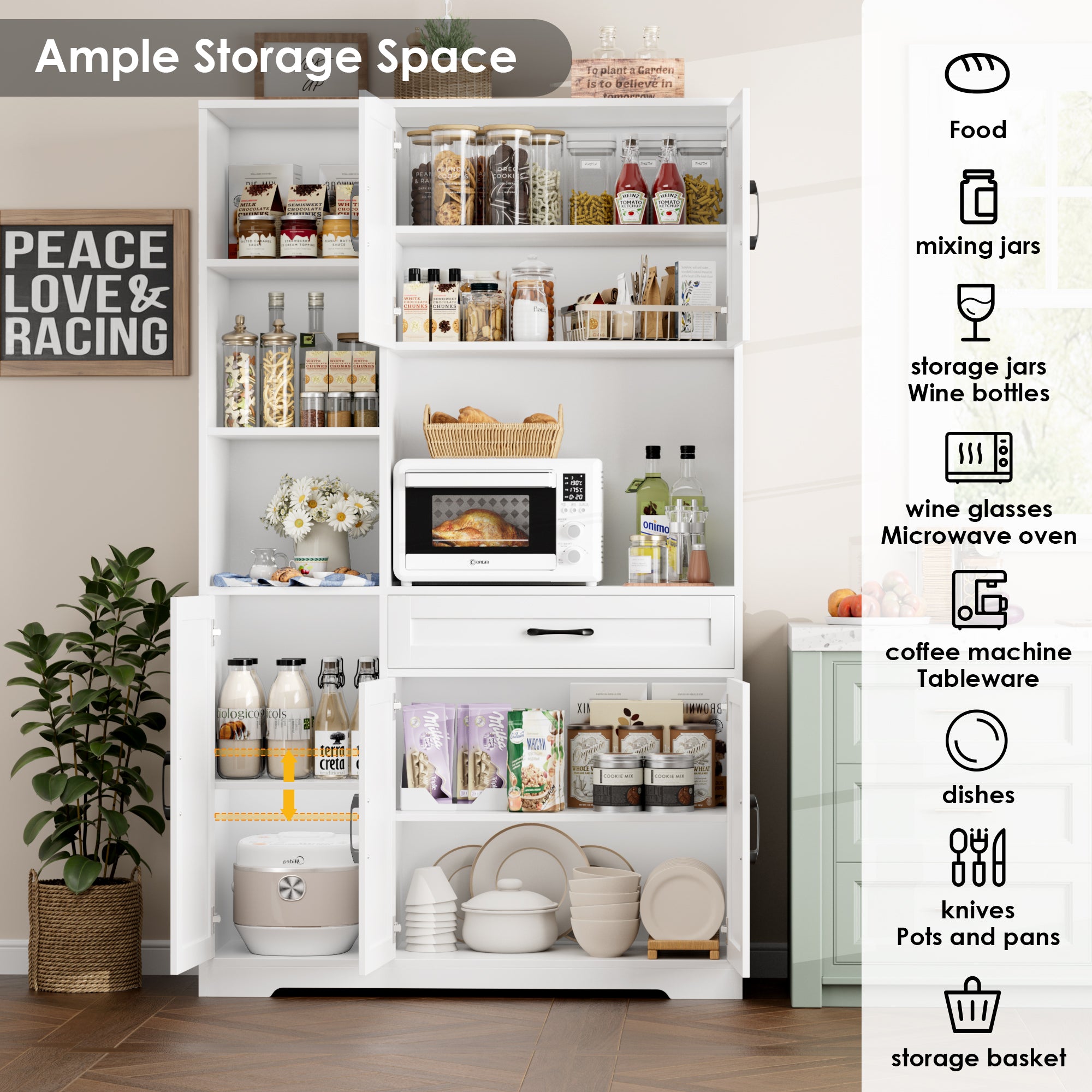 Hiphuta 71" Farmhouse Kitchen Pantry Storage Cabinet, Freestanding Hutch with Doors, Shelves & Microwave Stand, Cupboard for Dining Room, White
