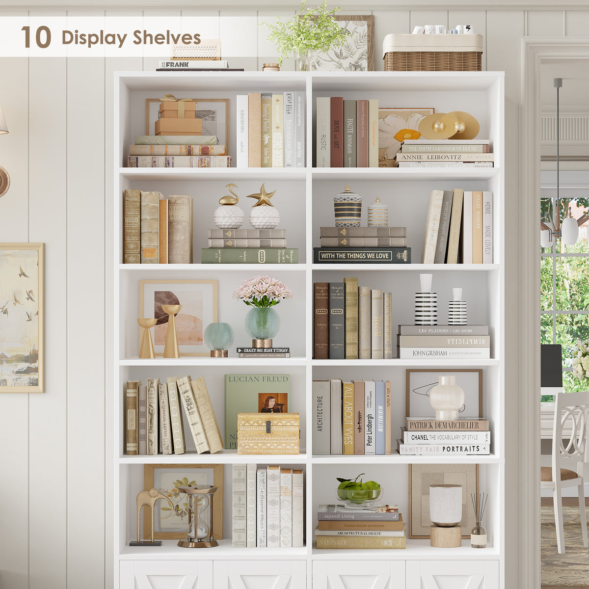 Hiphuta 78"H x 47"W Bookcase with Doors, Tall Bookshelves with Storage, 5-Tier Shelves Freestanding Display Bookcase for Home Office and Living Room, White