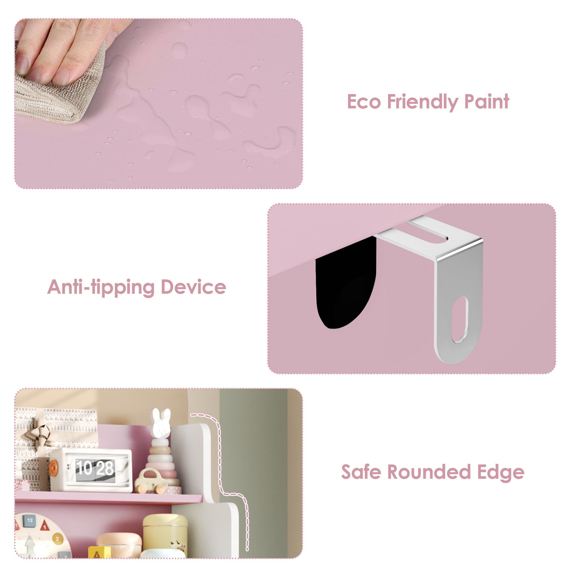 Hiphuta 47”Wide Large Kids Toy Storage Organizer, Wood Toy Cabinet with Book Rack & Movable Bins, Pink Toy Box for Kids Bedroom