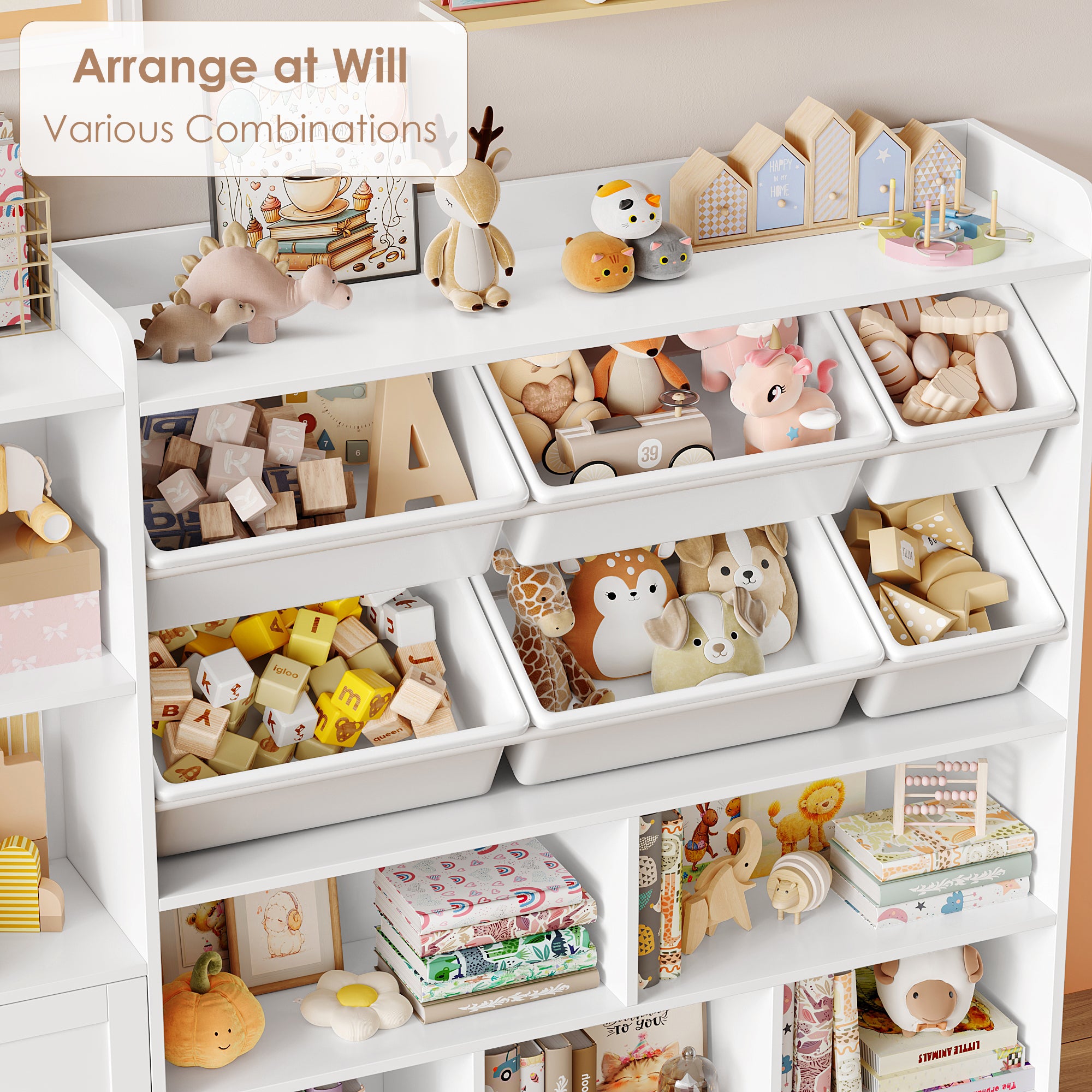 Hiphuta Kids Toy Organizer, Wood Toy Cabinet of 8 Compartments & 6 Movable Bins, White Bookshelf for Kids Bedroom