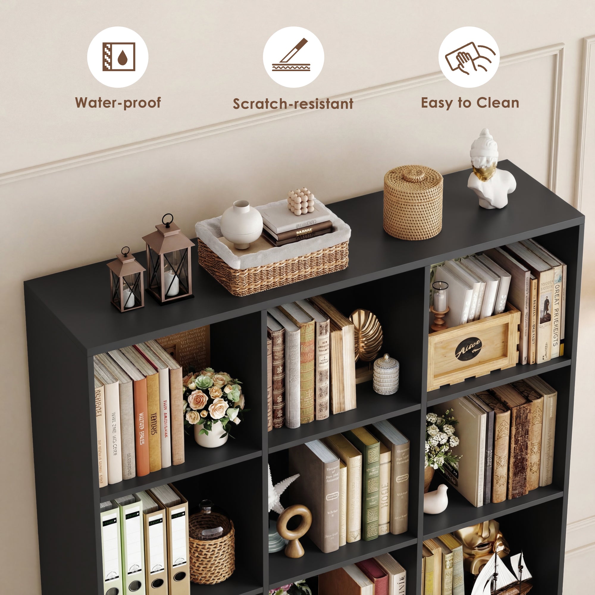 Hiphuta Triple Row 4-Tier Bookcase with 12 Cubes, 69" Tall Large Bookcase with 3 Drawers, for Office Living Room, Black