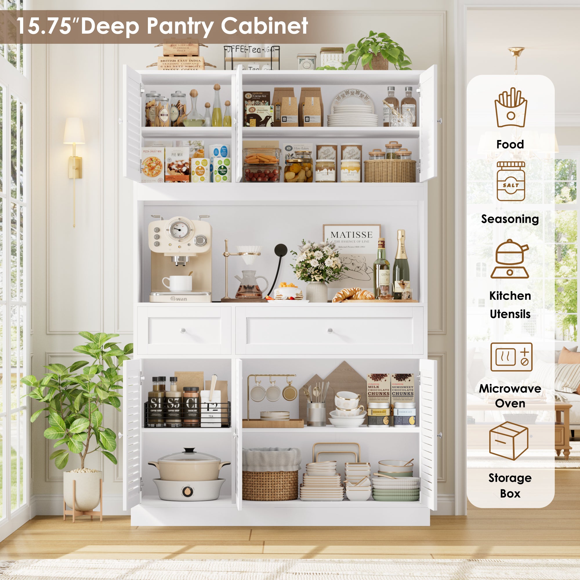 Hiphuta 70” Tall Modern Pantry Cabinet with Adjustable Shelves, Freestanding Kitchen Hutch Cabinet with Louvered Door for Dining Room, White