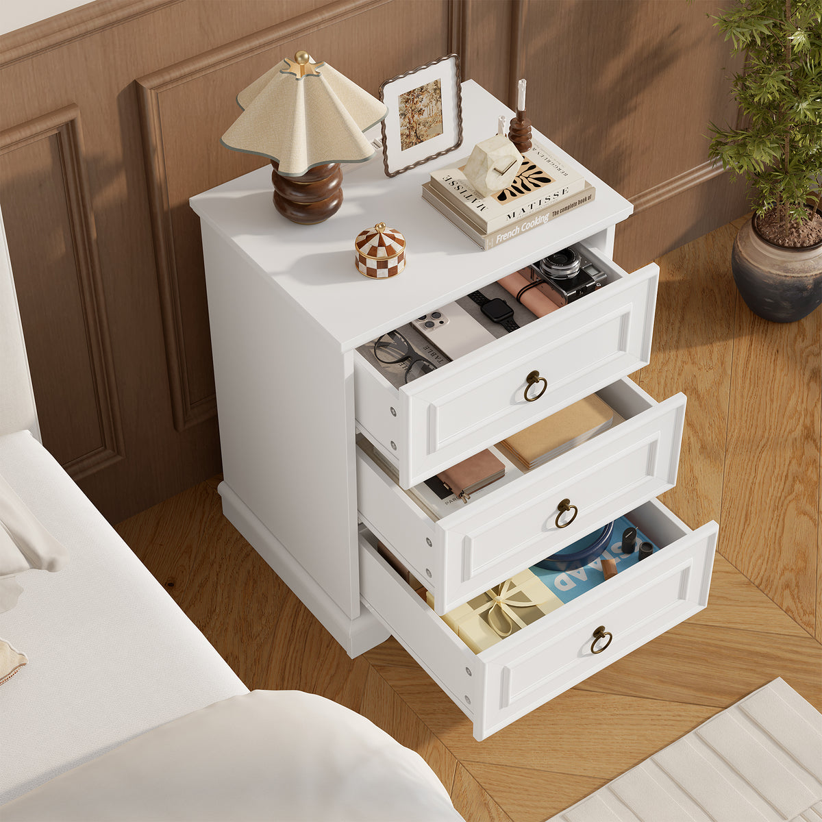 Hiphuta Set of 2 Nightstands with 3 Large Drawers, Farmhouse Sofa Tables with Charging Station, Vintage Bedside Tables for Bedroom and Living Room, White