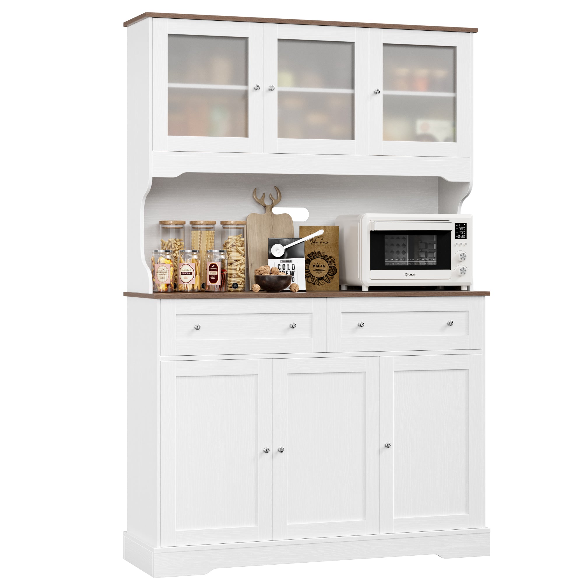 Hiphuta 72” Tall Kitchen Pantry Storage Cabinet with Power Outlet, Freestanding Cupboard Storage Buffet Hutch with Microwave Stand, Storage Pantry with Drawers & Glass Doors, White