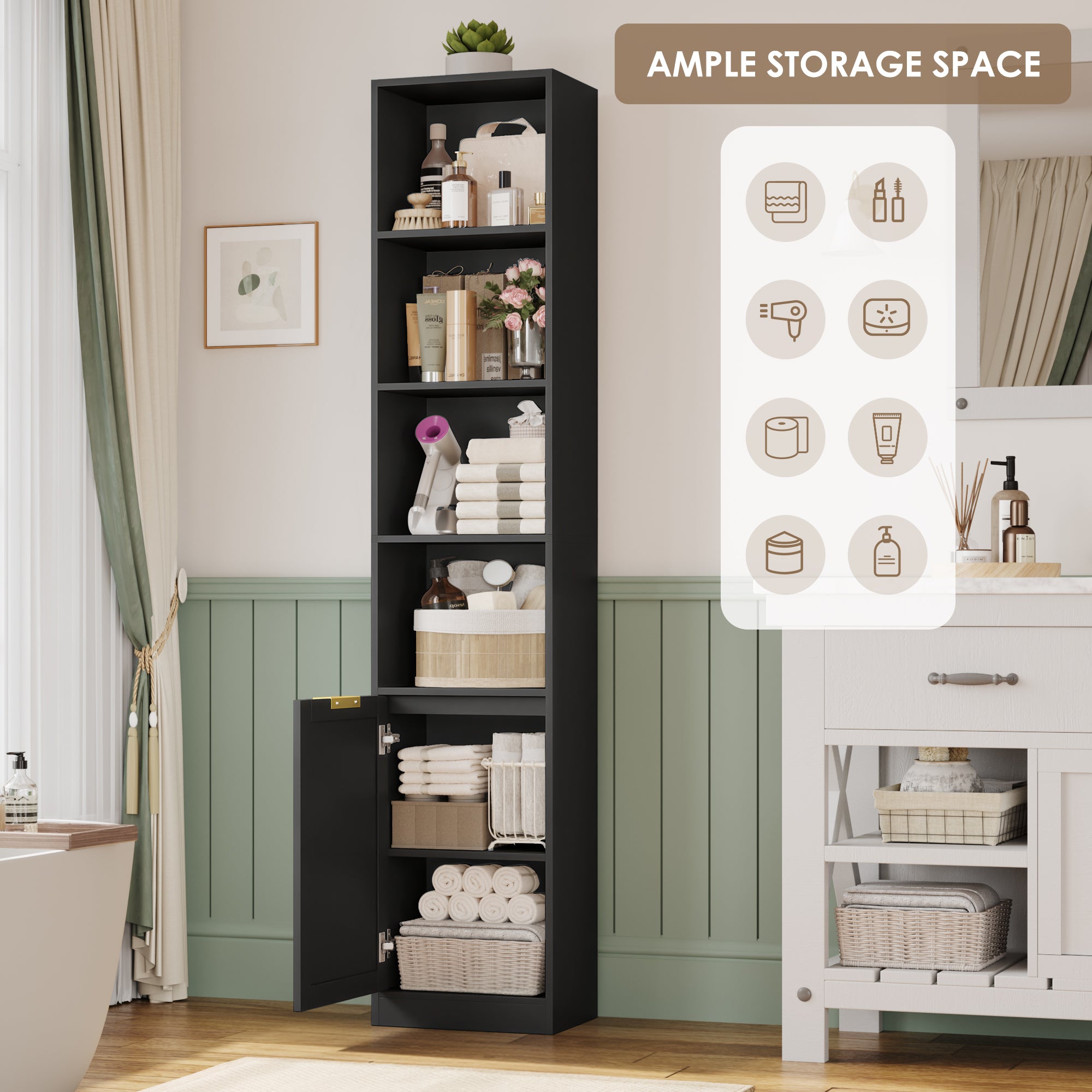Hiphuta 73.5" Tall Bathroom Storage Cabinets with Adjustable Shelves, 6-Tier Narrow Cabinet, Bathroom Storage Tower for Small Spaces, Black