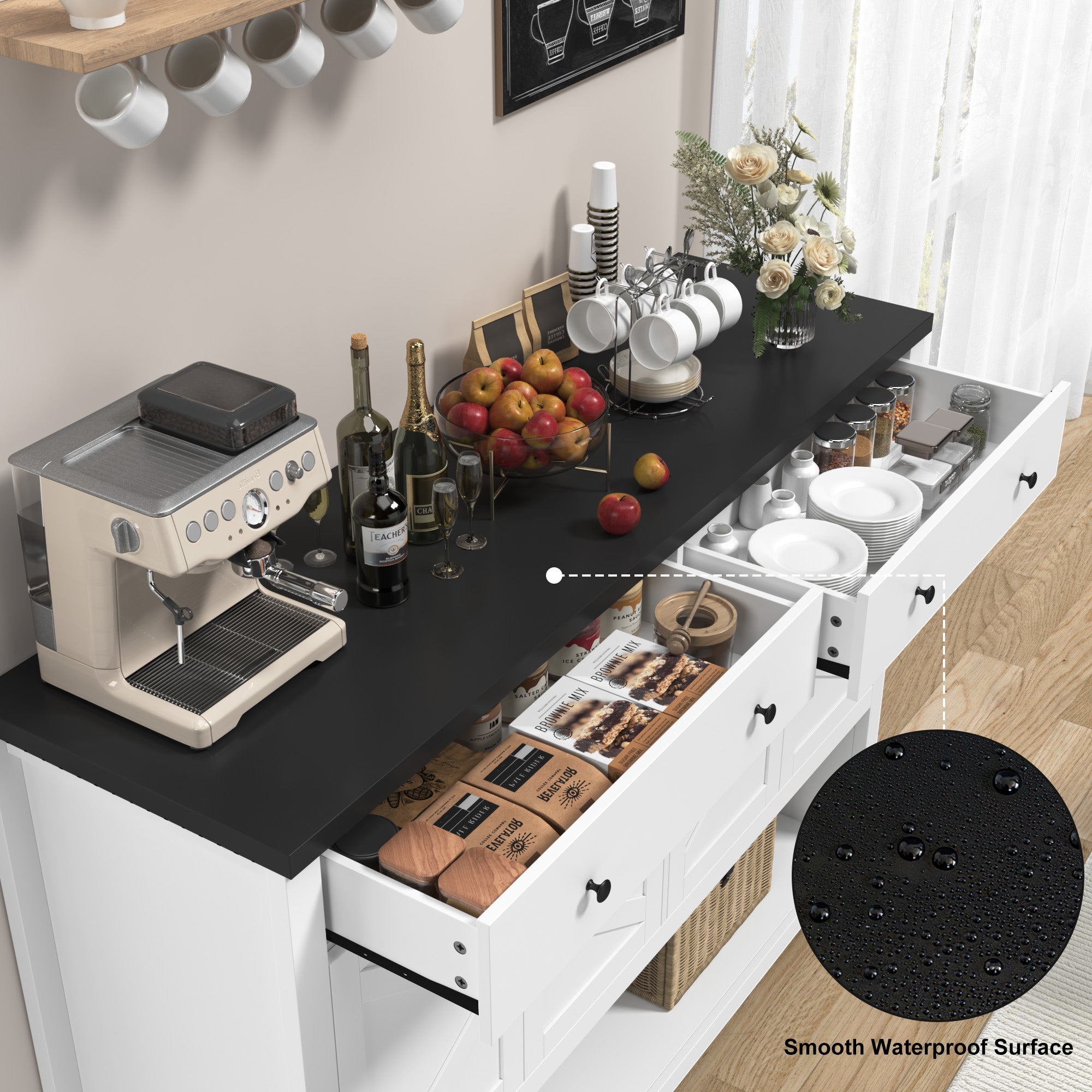 Hiphuta 55" Wide Console Table with 2 Drawers and 2 Double-Door Cabinet, Farmhouse Sideboard with Black Top, White