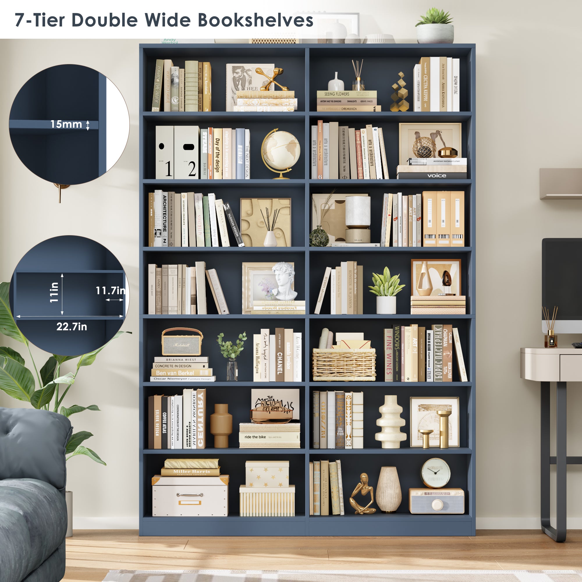 Hiphuta 84"H Wooden Double 7-Tier Tall Bookcase, Standard Bookcase for Living Room and Office, Freestanding Display Storage Shelves, Blue