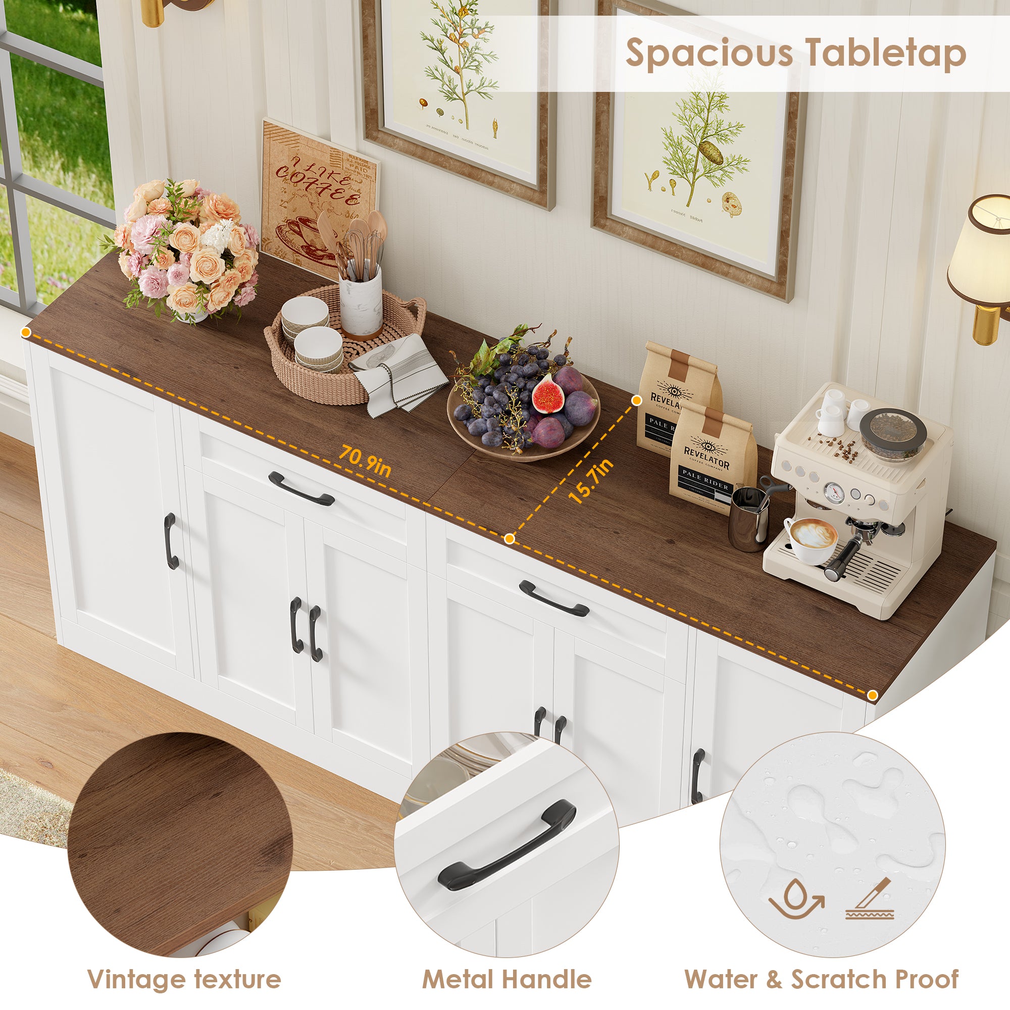 Hiphuta 70.8"W Large Buffet Cabinet with Storage, Modern Farmhouse Sideboard with 6 Doors, Coffee Bar for Kitchen Dining Room Living Room, White