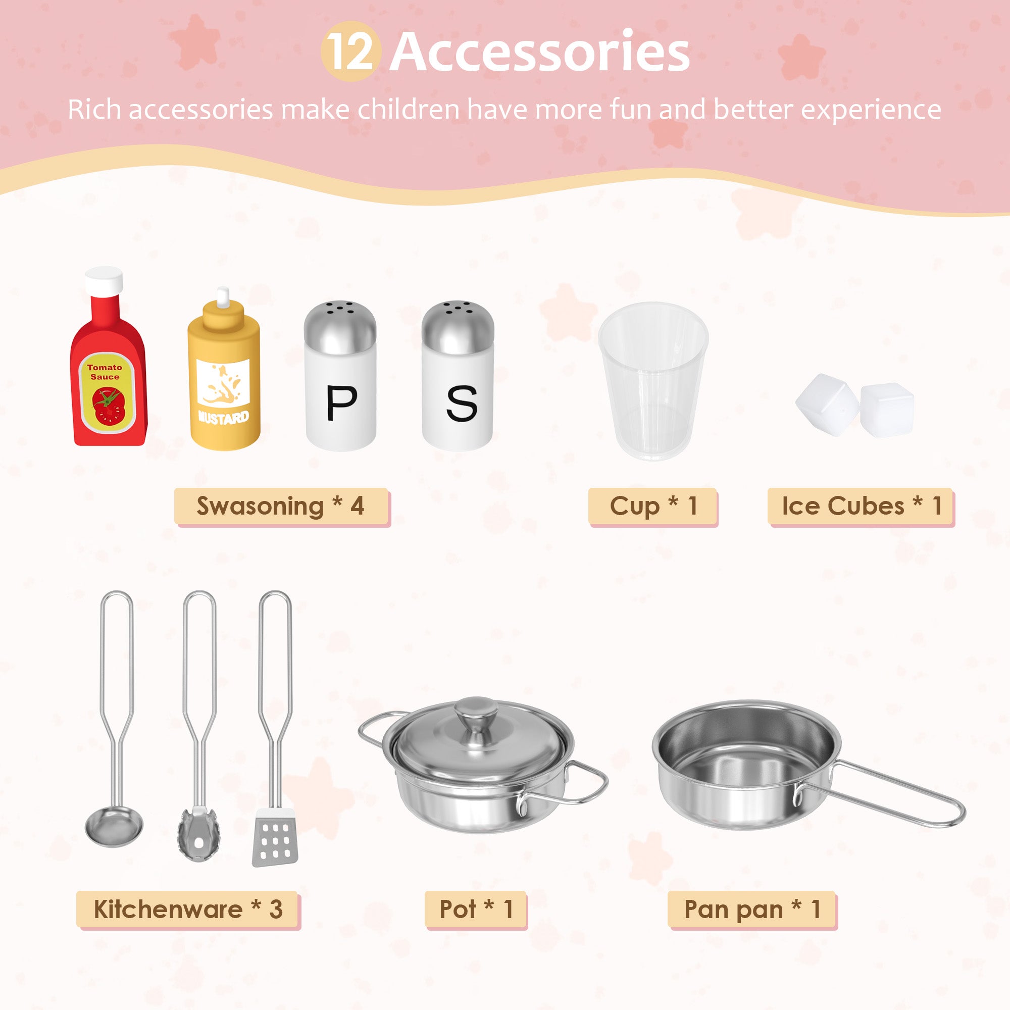 Hiphuta Play Kitchen for Kids, Wooden Kids Kitchen Playset with Plenty of Play Features, Chef Pretend Play Set for Boys and Girls Age Ages 3-10, Toys Kitchen with 11 Pcs Accessories, Pink