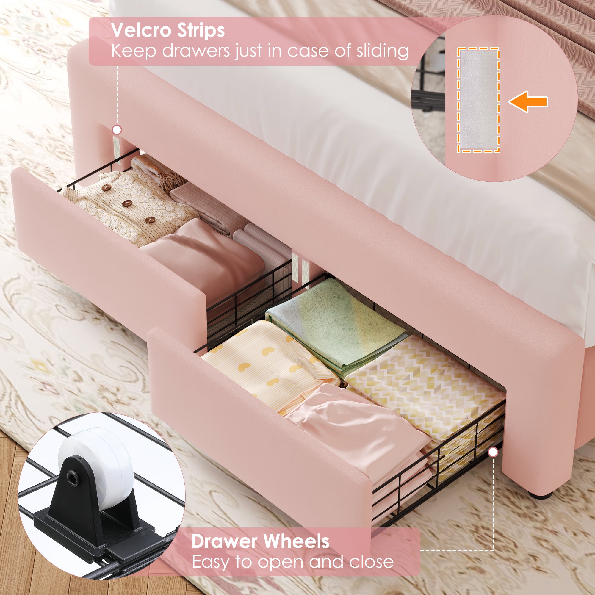 Hiphuta Full Size Bed with Power Outlet & LED, Upholstered Princess Beds with Drawer, Full Beds with Headboard Storage, Pink