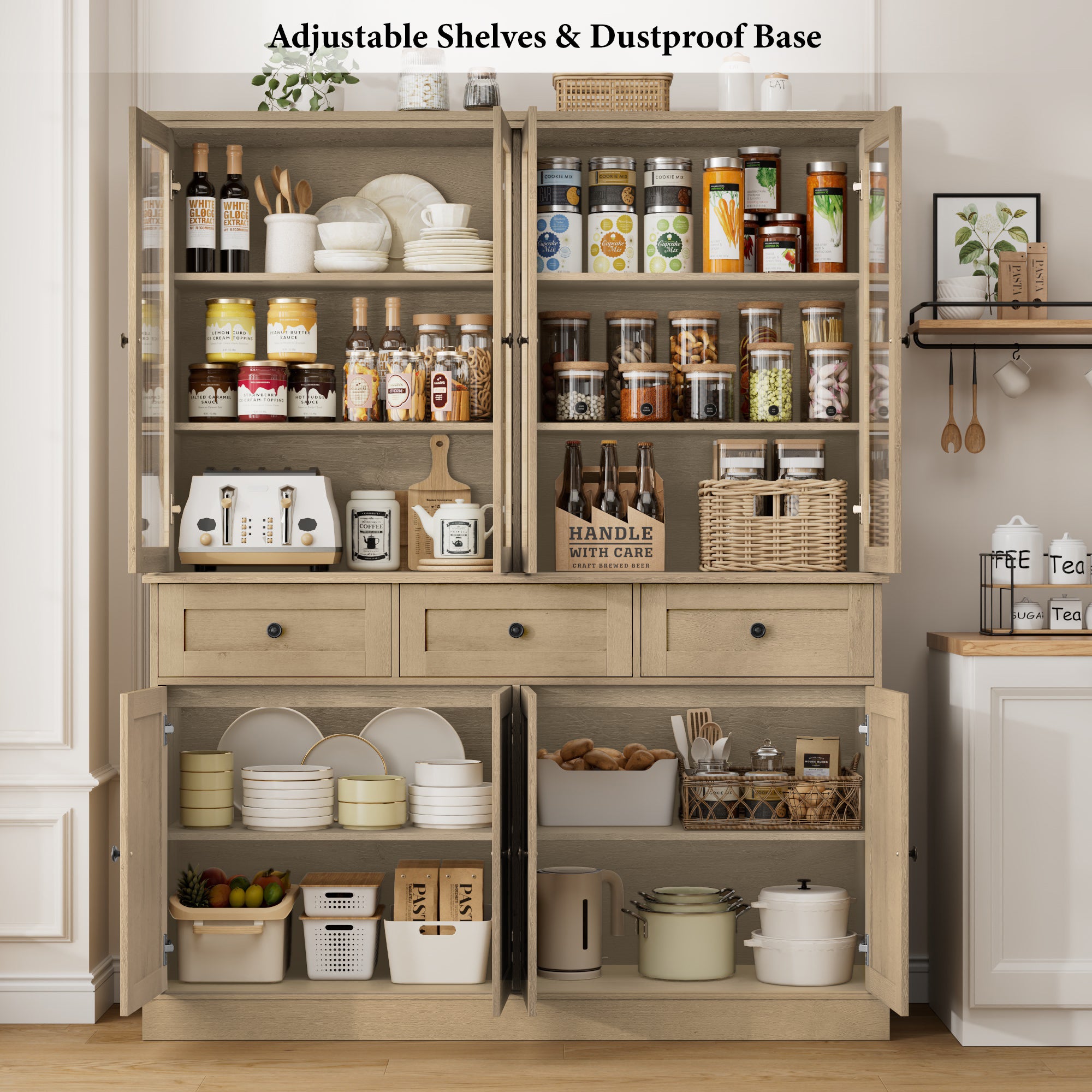 Hiphuta 58"in Extened Wide Farmhouse Kitchen Pantry Storage Cabinet, 71"H Freestanding Hutch with 8 Doors and 3 Drawers for Kitchen, Oak