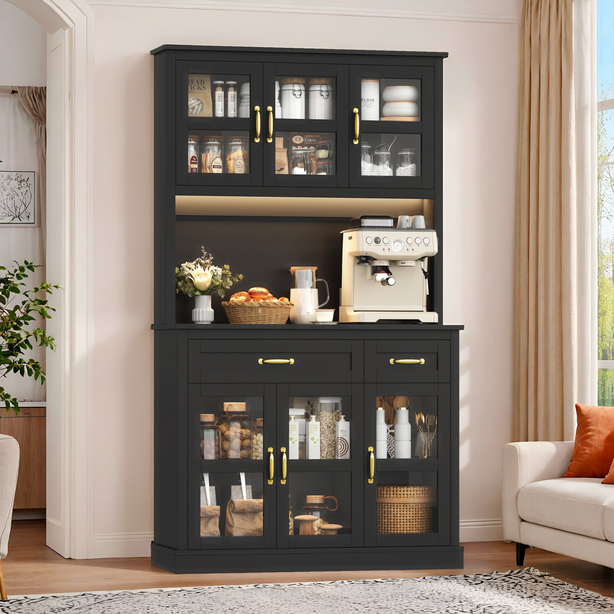 Hiphuta 71" Pantry Cabinet with Charging Station, Kitchen Pantry Storage Cabinet with Microwave Stand & Wine Rack, Food Pantry Cabinet with Countertop for Dining Room, Black