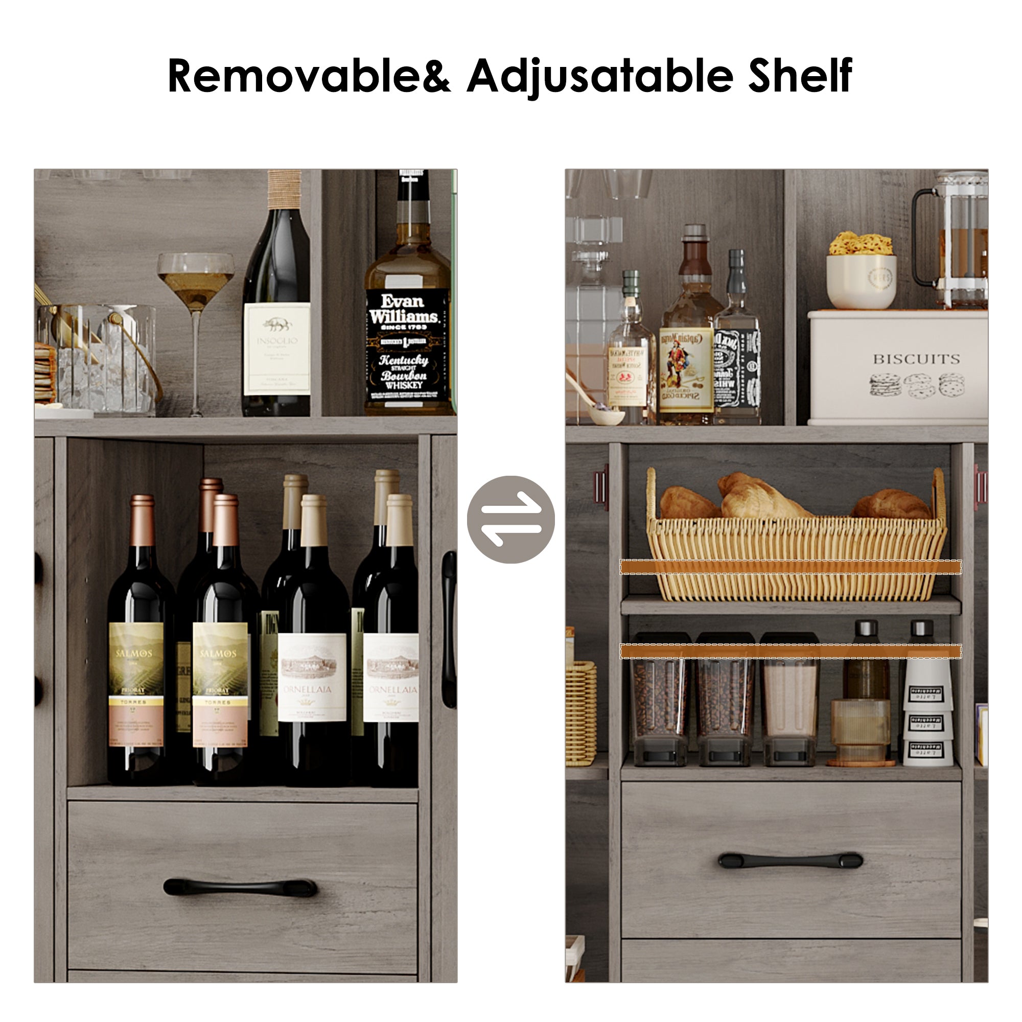 Hiphuta Kitchen Pantry Storage Cabinet, Food Pantry Cabinet with Microwave Stand, Farmhouse Wine Bar Cabinet, Coffee Bar Hutch with Wine Rack for Dining Room, Living Room, Ash Gray