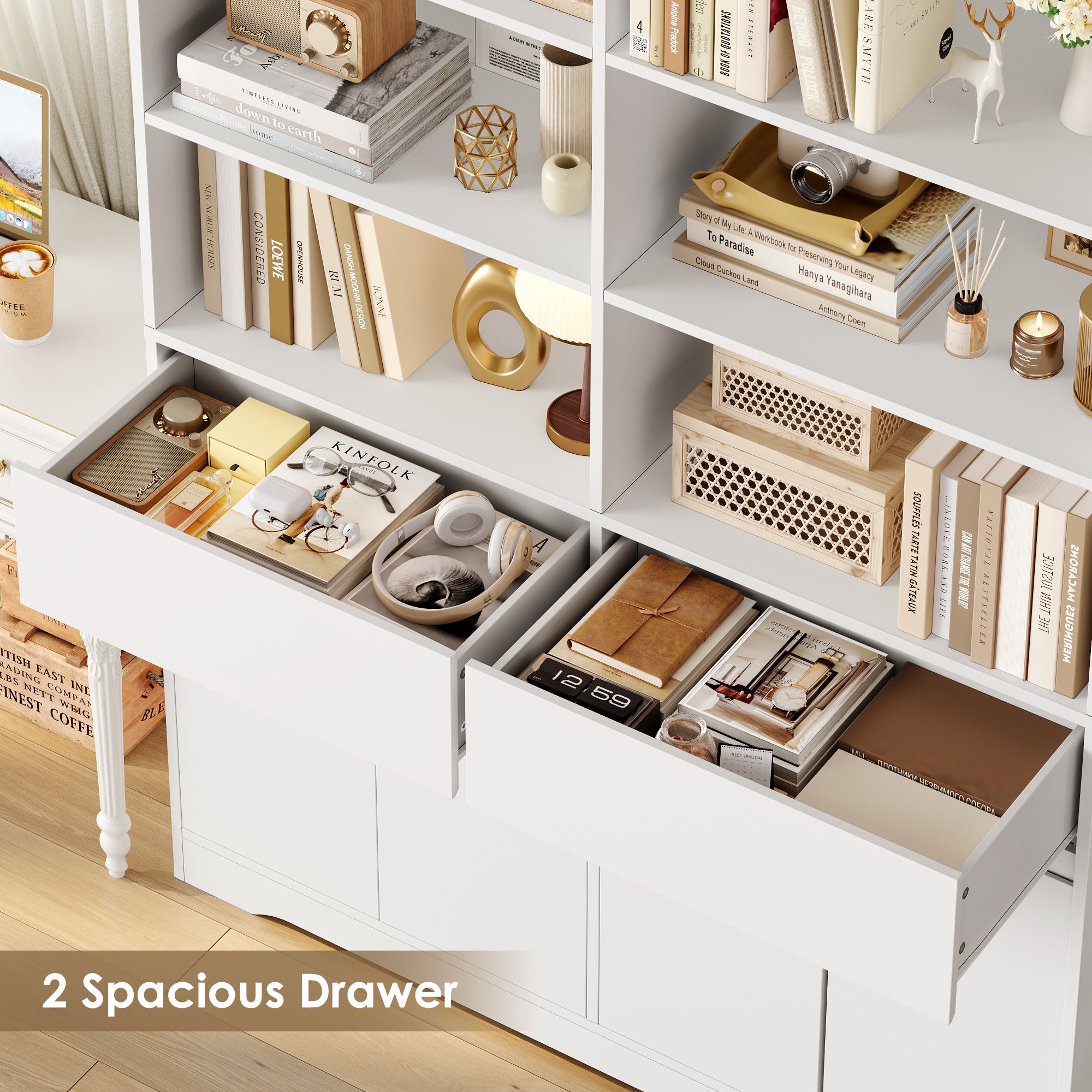 Hiphuta 69"H Modern Bookcases with Doors & Drawers, Large Wooden Display Shelf for Home Office, Wooden Storage Bookshelf for Living Room, White