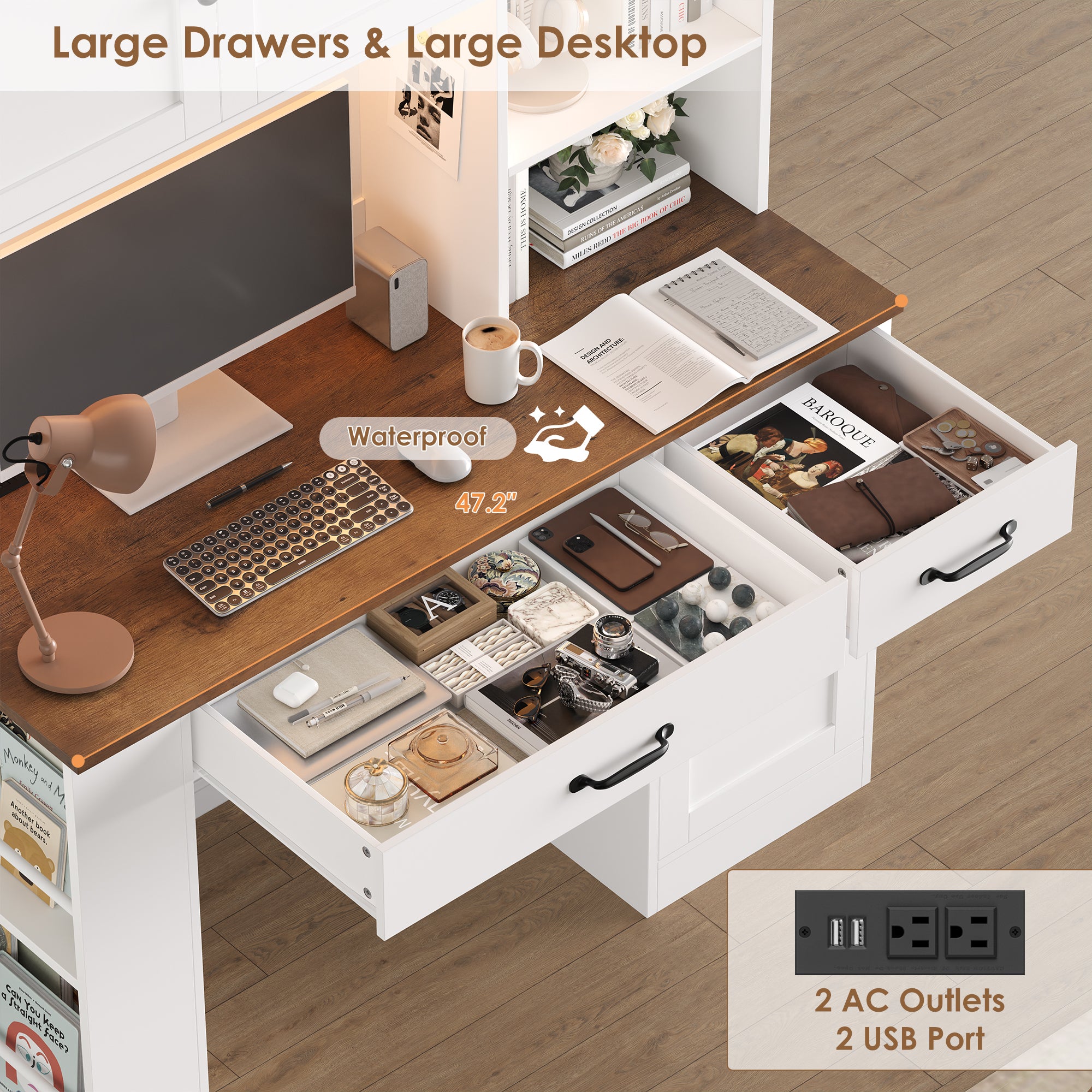 Hiphuta Executive Desk with Hutch & Power Outlets, Wood Writing Study Table with Adjustable Shelves, Home Office Computer Desk with Drawers, White