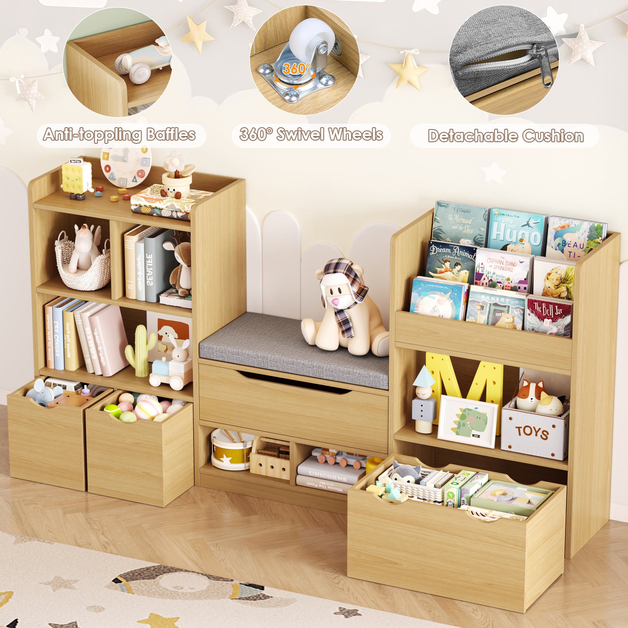 Hiphuta 72"Wide Kids Bookshelf with Reading Nook and Under Bench Storage, Kids Bookcase with Toy Organizer & Book Rack for Kids, Natural