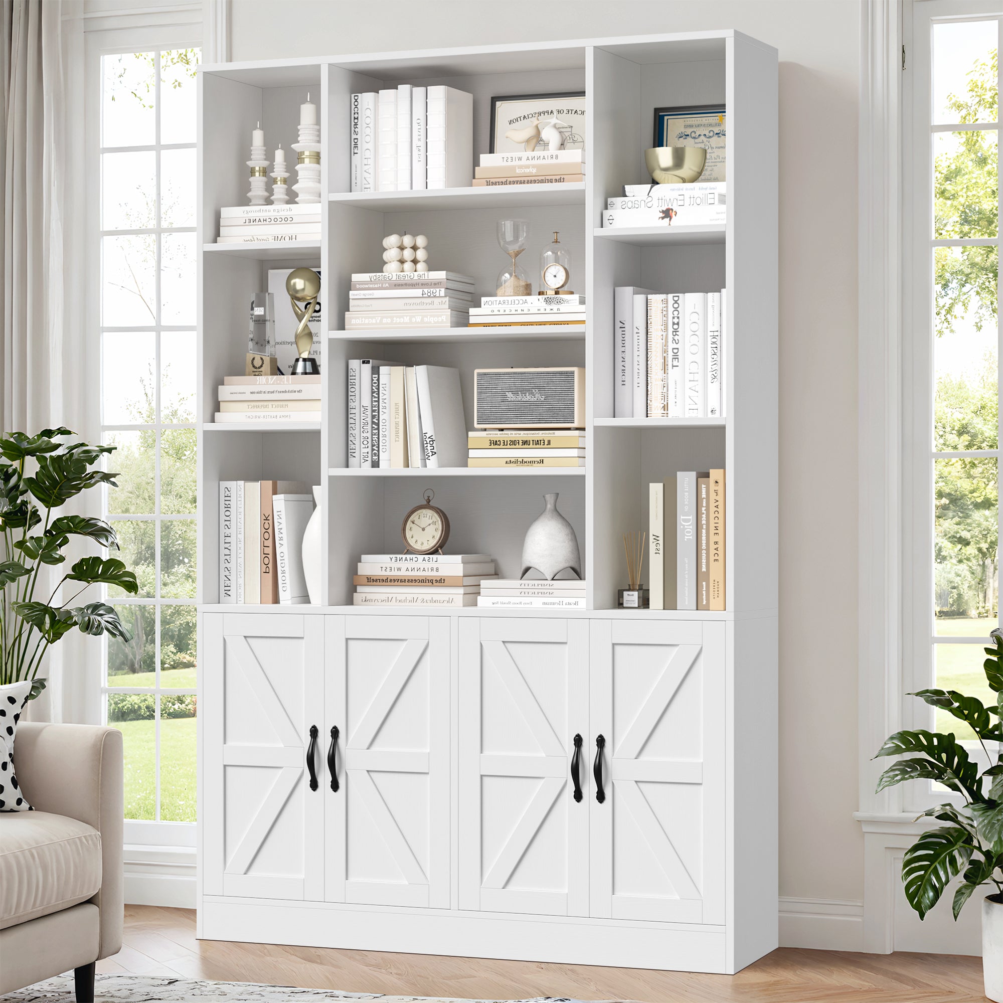 Hiphuta 74.8" Tall Bookcases with 2 Double Door Cabinet, Wooden Storage Bookshelf for Living Room Home Office, White