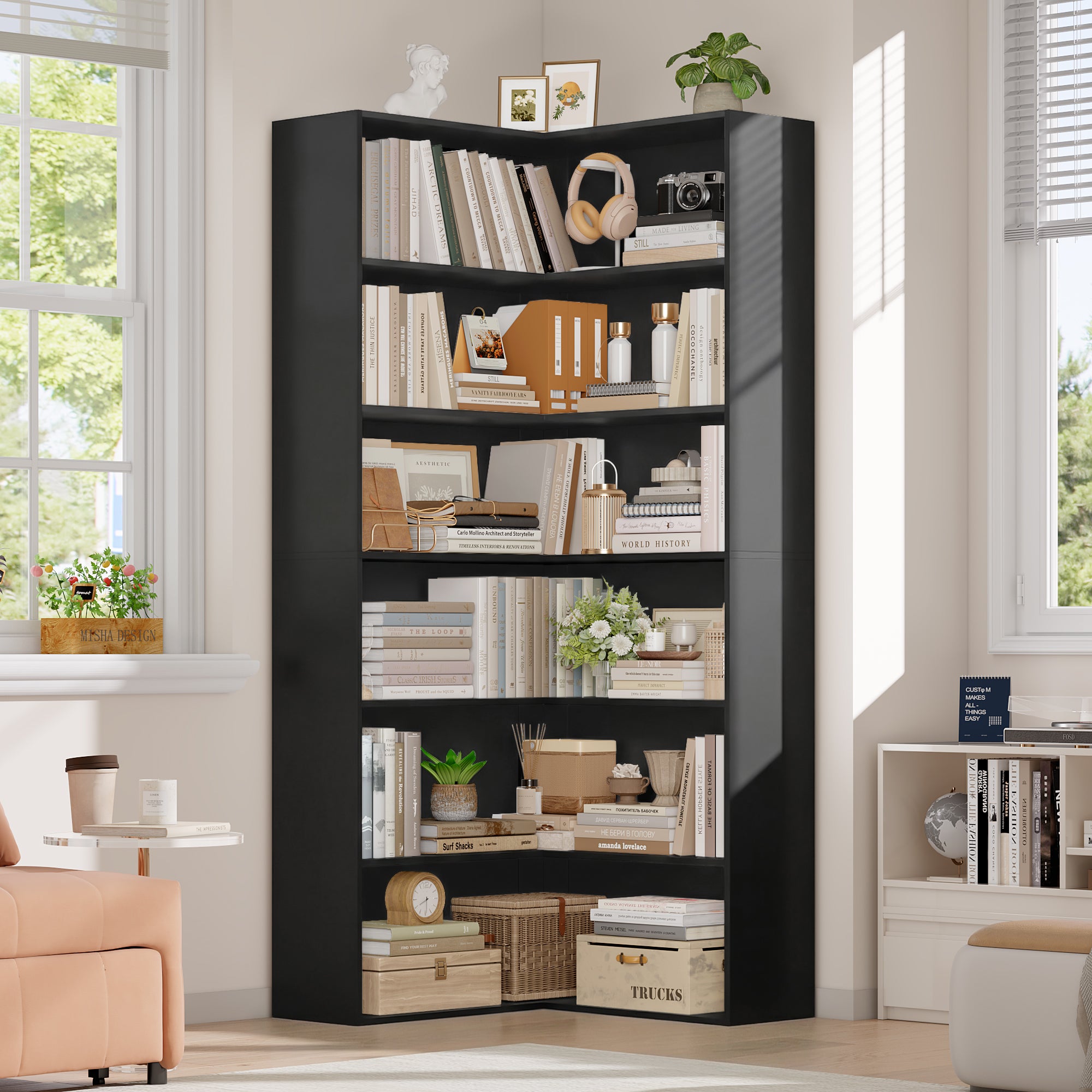 Hiphuta 6 Tier Corner Bookcase, Minimalist Modern Corner Bookcase for Office Living Room, Black