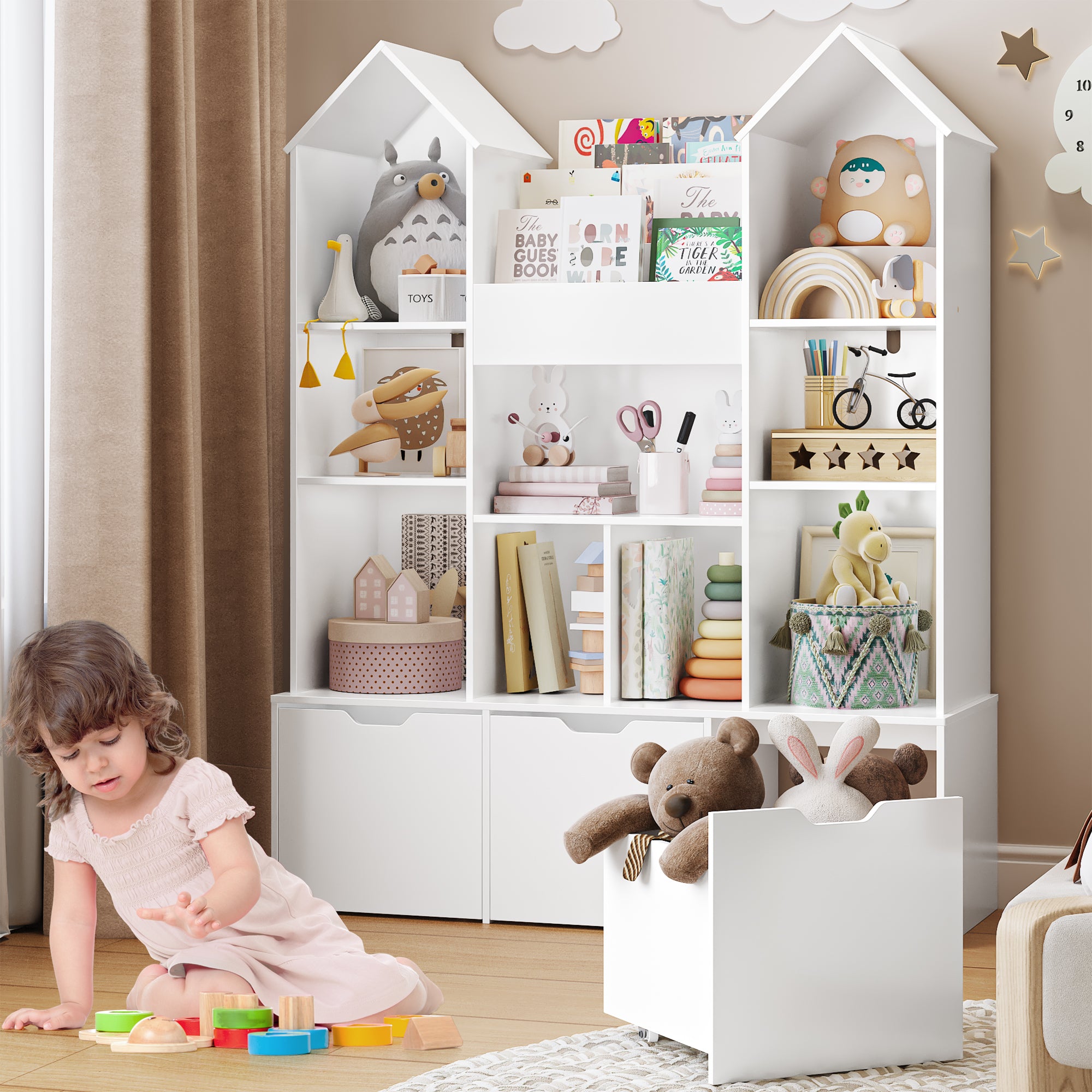 Hiphuta Kid’s Toy Storage Organizer with 3 Removable Drawers, Children's Bookcase with Book Rack for Playroom, White