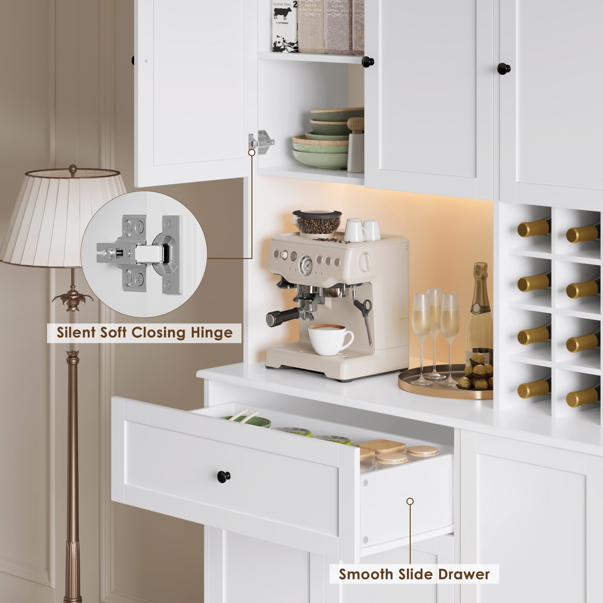 Hiphuta 71" Pantry Cabinet with Charging Station, Kitchen Pantry Storage Cabinet with Microwave Stand & Wine Rack, Kitchen Hutch Cabinet with Storage Drawers, Food Pantry Cabinet with Countertop for Dining Room, White