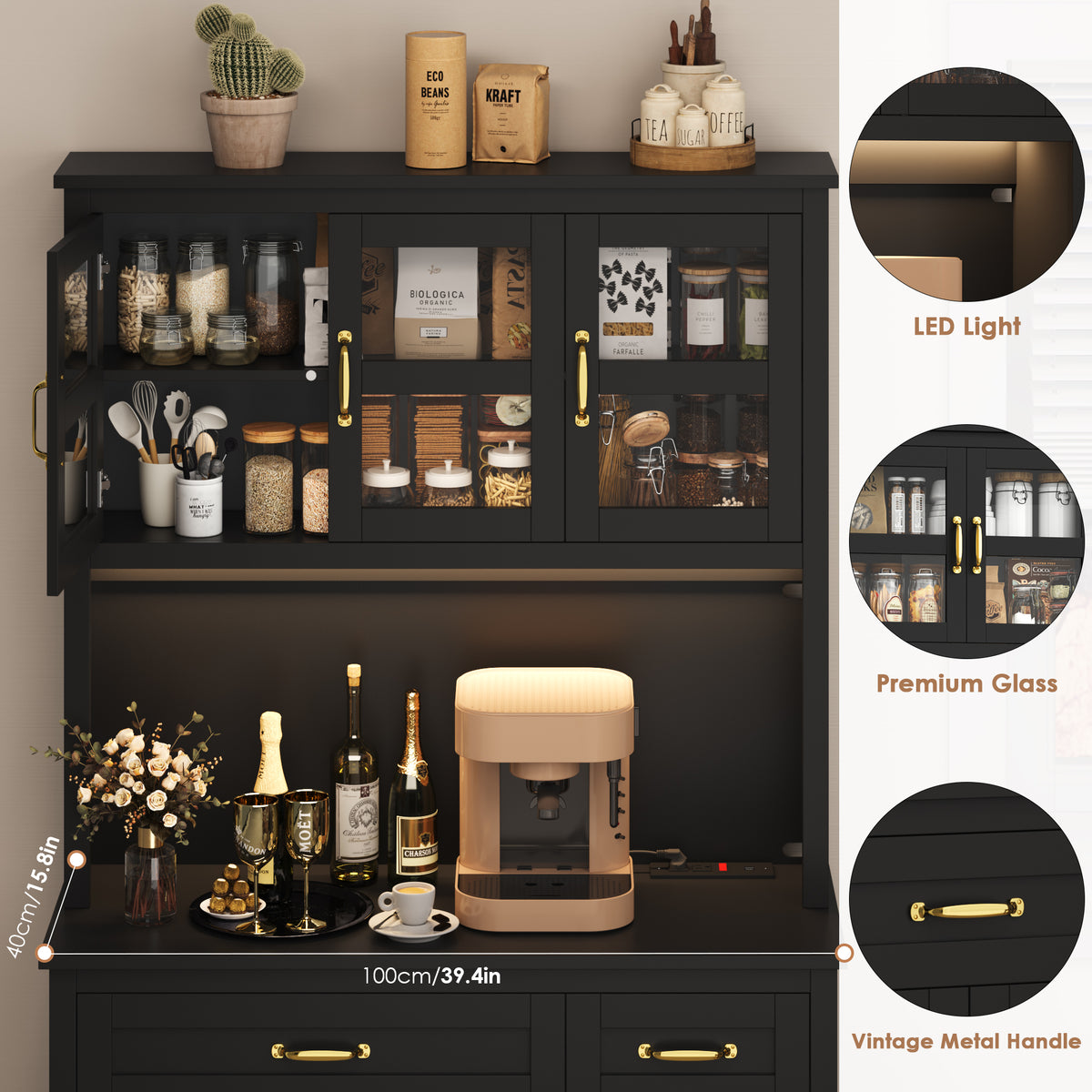 Hiphuta 71" Pantry Cabinet with Charging Station, Kitchen Pantry Storage Cabinet with Microwave Stand & Wine Rack, Food Pantry Cabinet with Countertop for Dining Room, Black