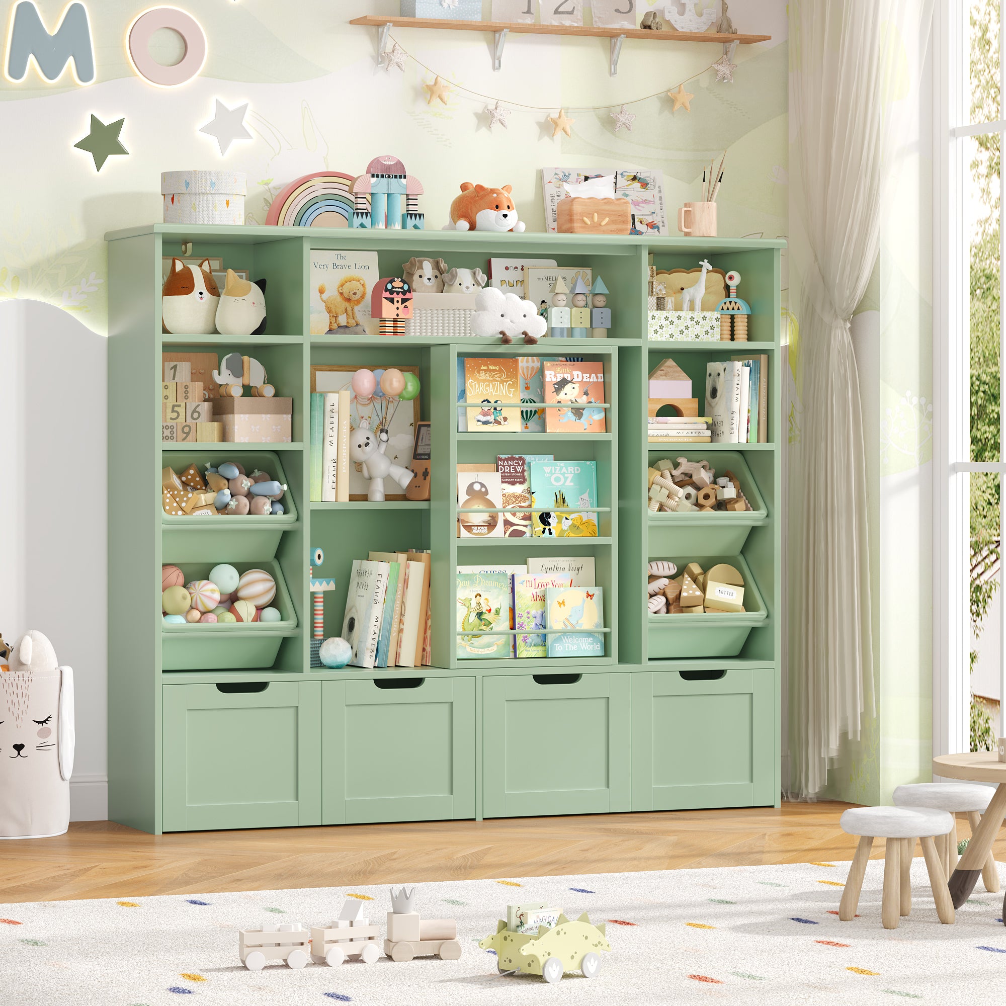 Hiphuta Kid Toy Storage with Bookshelf, Kid Toy Organizer with 4 Removable Drawers, Kid Bookcases with Toy Box for Kid Bedroom Playroom, Green