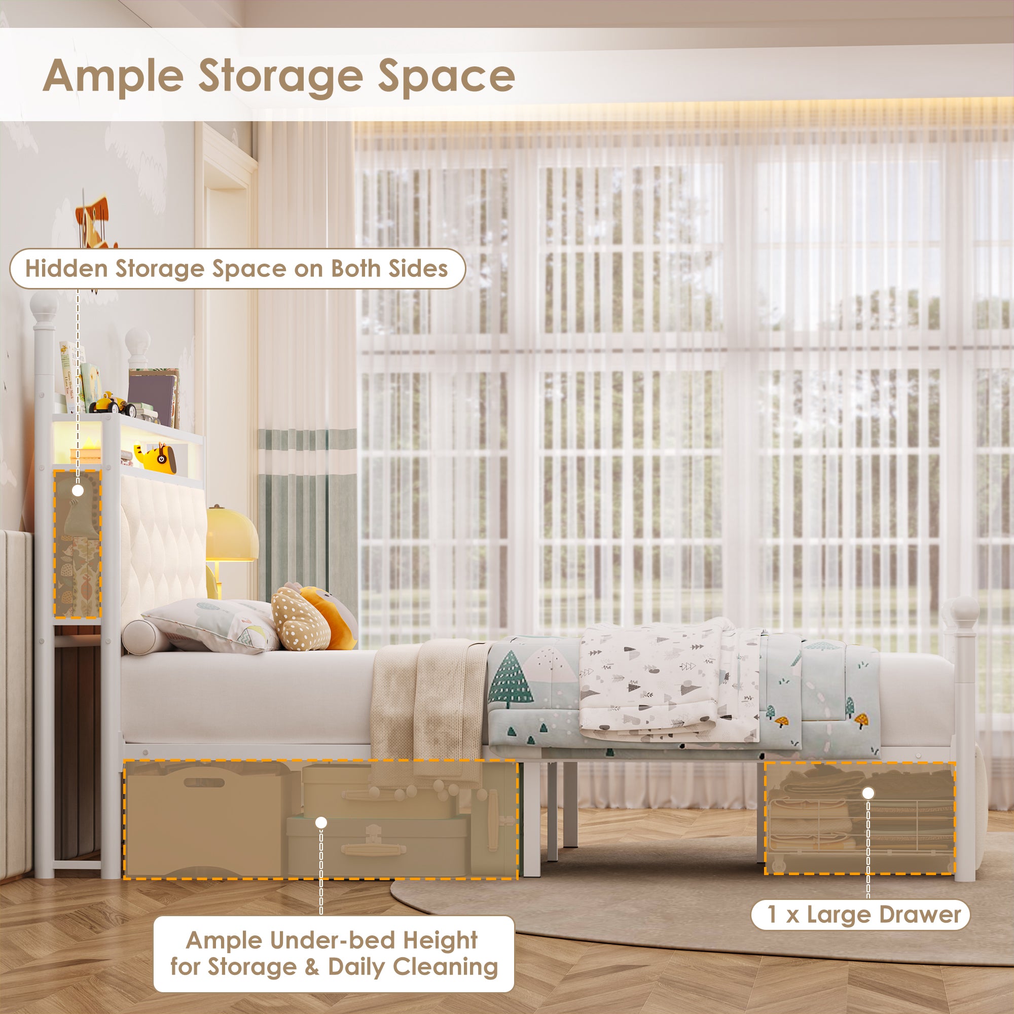 Hiphuta Twin Size Upholstered Princess Canopy Bed with Charging Station & Storage Drawer, LED Platform Bed with 4 Removable Posts, Twin Bed for Kids, Curtain Not Included, Beige