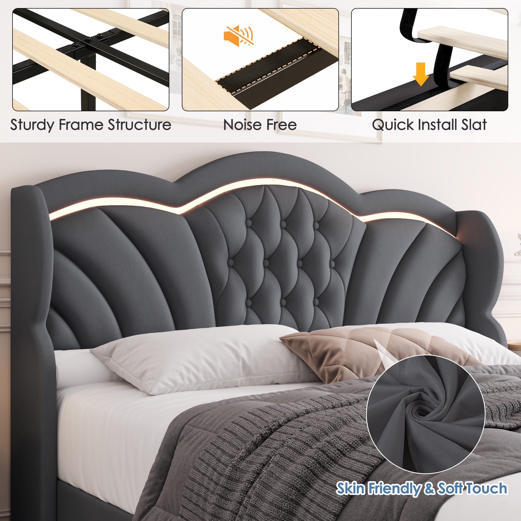 Hiphuta Full LED Bed with 2 Drawers, LED Lights Platform Bed Frame with Upholstered Button Tufted Headboard, No Box Spring Needed, Velvet Gray