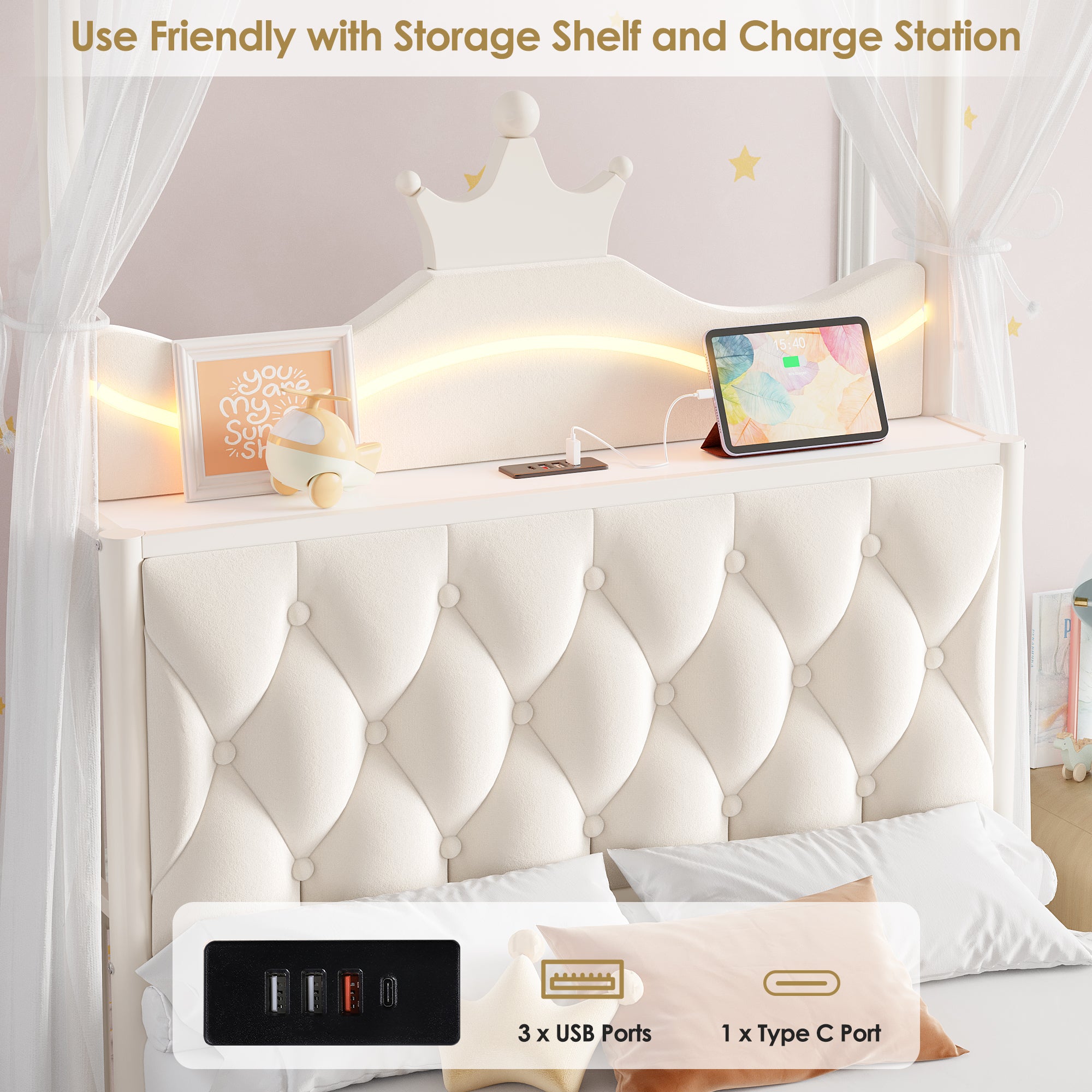 Hiphuta Twin Size Crown Canopy Bed with Power Outlet & LED, Upholstered Princess Beds with 4 Removable Posts, Twin Bed Frame, White